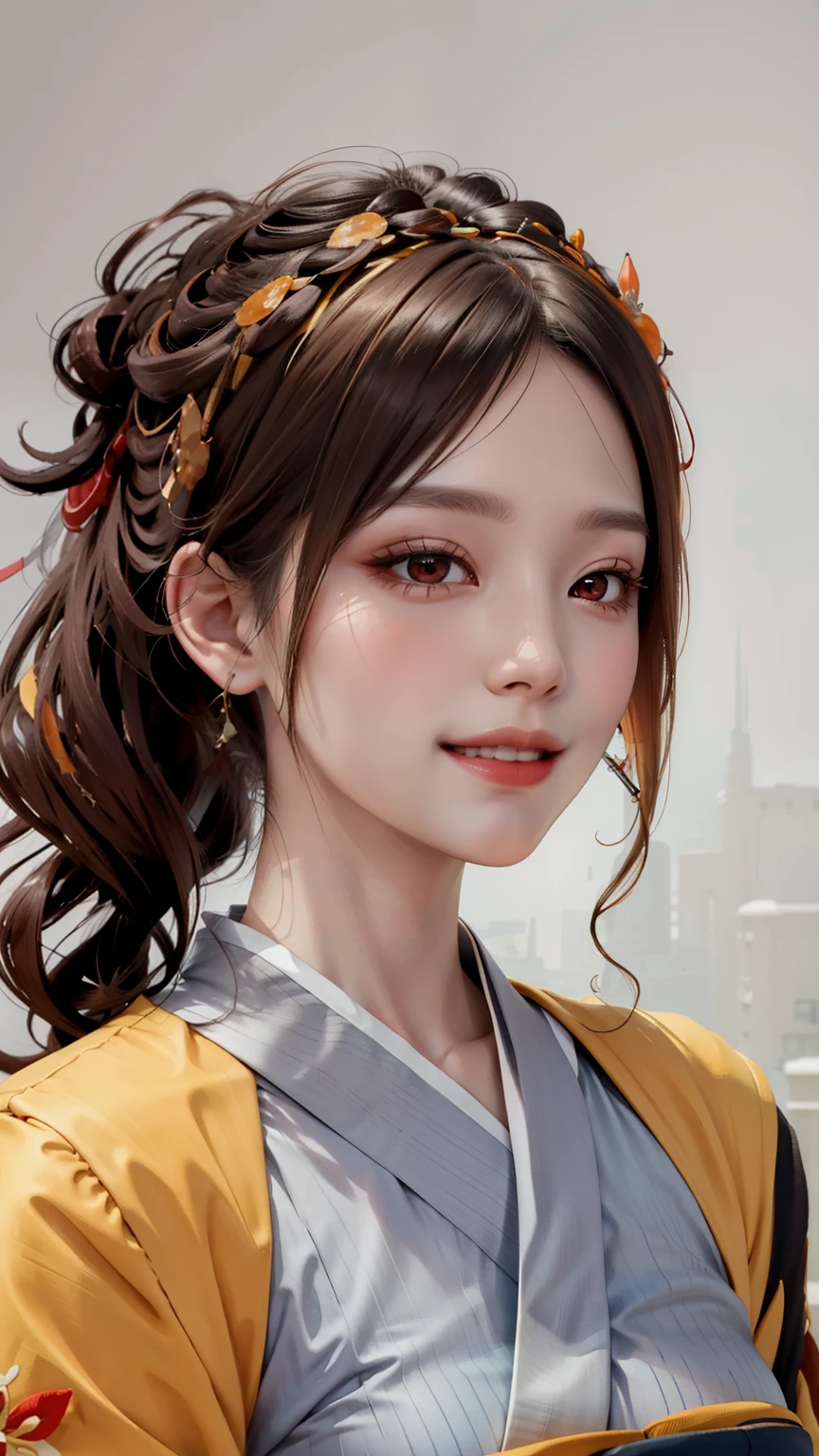 masterpiece), (8k, lifelike, original photo, best quality), (1 girl), pretty face, (lifelike的脸), (brown hair, Long curly hair), Beautiful ponytail hairstyle, lifelike的眼睛, red headdress，red eyes，big ，beautiful details eyes, (lifelike的皮肤), Beautiful skin, (Hanfu), absurd, attractive, Ultra HD, Surreal, HD, golden ratio,[charming sunset sky],Create a dreamy atmosphere,Smiling very happily