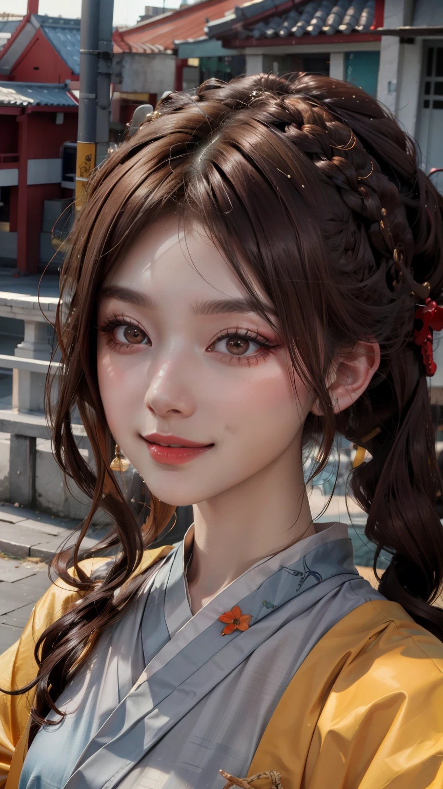 (masterpiece), (8k, lifelike, original photo, best quality), (1 girl), pretty face, (lifelike的脸), (brown hair, Long curly hair), Beautiful ponytail hairstyle, lifelike的眼睛, red headdress，red eyes，huge ，beautiful details eyes, (lifelike的皮肤), Beautiful skin, (Hanfu), absurd, attractive, Ultra HD, Surreal, Face the camera head-on，HD, golden ratio，[charming sunset sky],Create a dreamy atmosphere,Smiling very happily，Above the hips