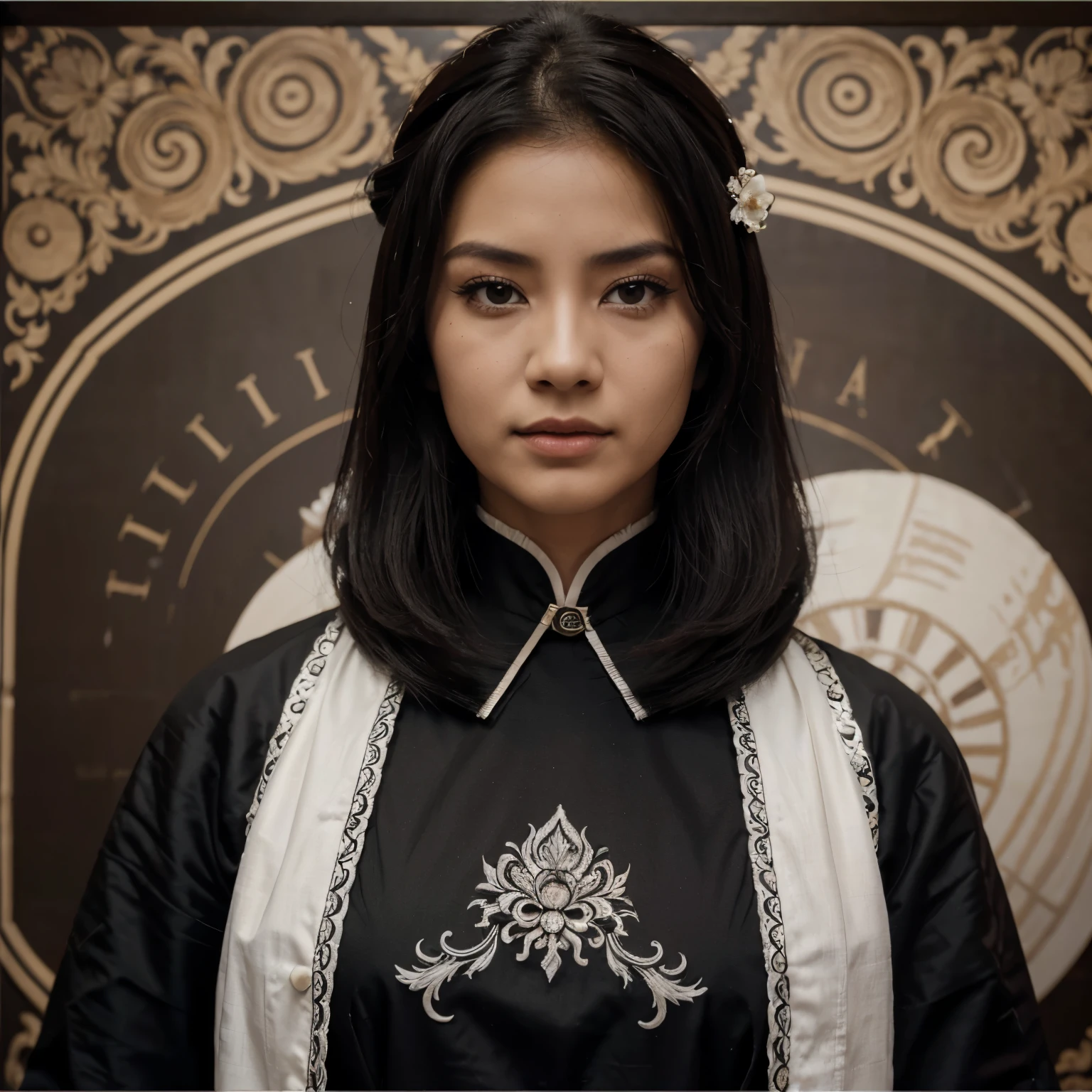 1 chica, mujer, elegante, tinta, armadura china, ((2.5D)), pelo negro, pelo flotante, Ojos delicados, Hanfu damasco antiguo negro y rojo, fov, (F1.8), (Obra maestra), (retrato), tiro frontal, Fondo blanco, (movie poster)