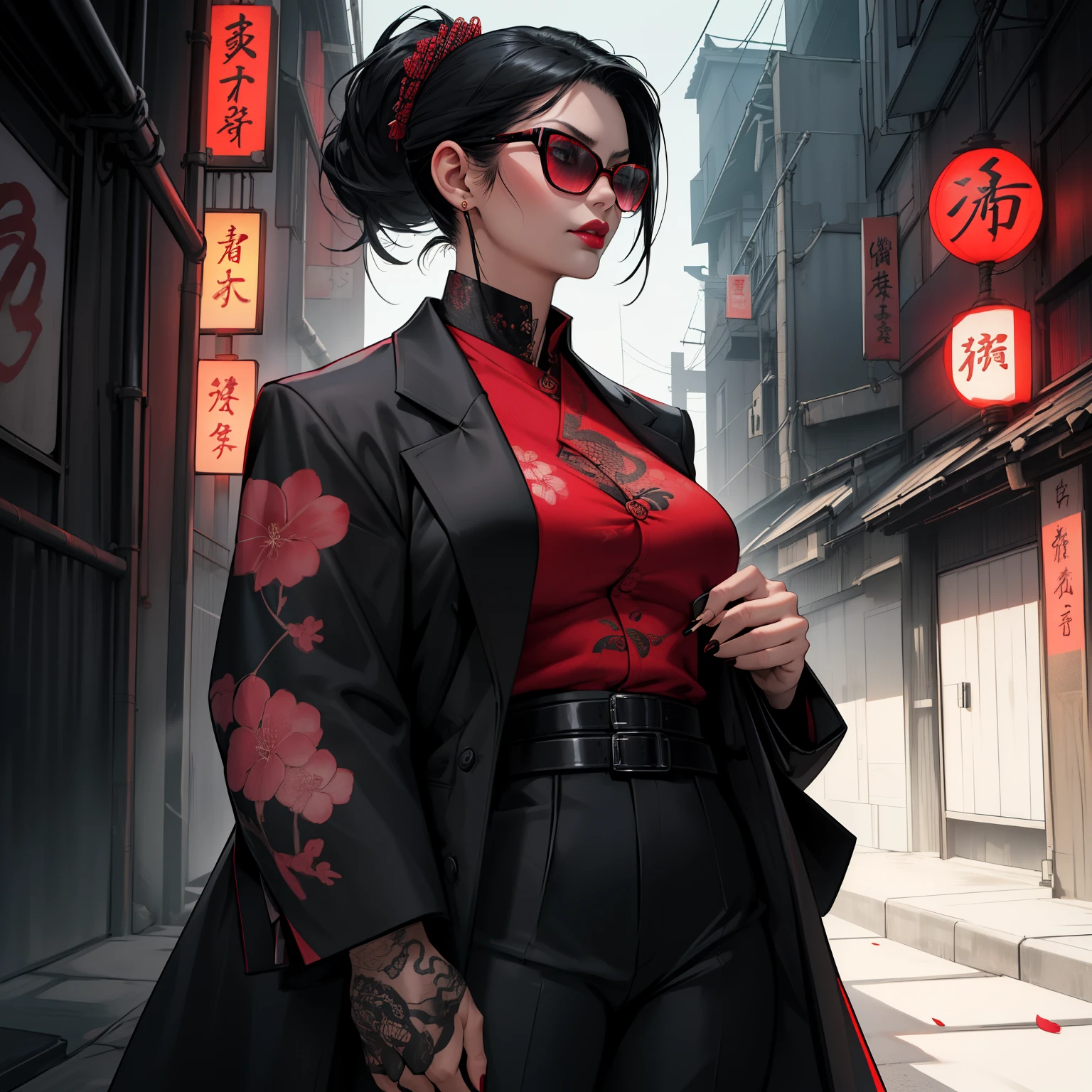 female yakuza boss wearing a suit, japanese aesthetic, alone, solo, (best quality,4k,8k,highres,masterpiece:1.2),ultra-detailed,(realistic,photorealistic,photo-realistic:1.37),crime boss,organized crime,leather gloves,dark sunglasses,confident expression,serious expression,dark and moody lighting,urban backdrop,neon lights,cityscape,modern architecture,sleek and stylish,obsidian black suit,cropped trousers,tailored blazer,long trench coat,sharp collar,waist belt,traditional japanese tattoo,dragon tattoo,bold and intricate designs,black hair,ponytail,red lipstick,painted nails,autoritative presence,strategic mindset,hidden weapon,cigarette smoke,quiet determination,lonely figure,glimpse of vulnerability,aura of power,japanese calligraphy,sharp katana,secret hideout,quiet confidence,color scheme: deep red and black,soft shadows,cool tones,vivid pops of color,subtle cherry blossom motif.