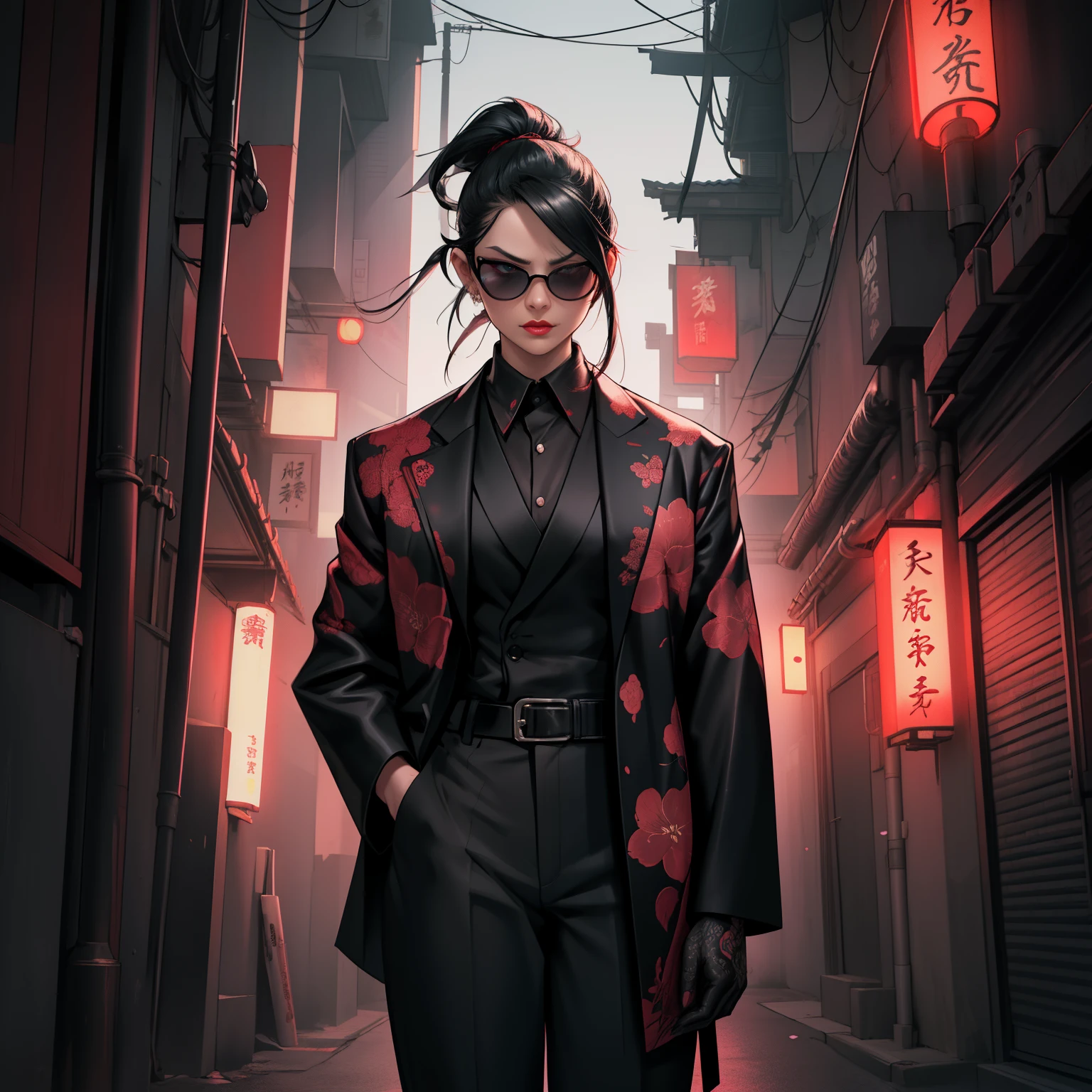 japanese yakuza mobster girl with a dark gray suit, miniskirt, pencil skirt, facial scar, stylish, hdr, intricate details, hyperdetailed, cinematic, rim light, danger atmosphere, noir, night, cyberpunk lighting, tokyo street,