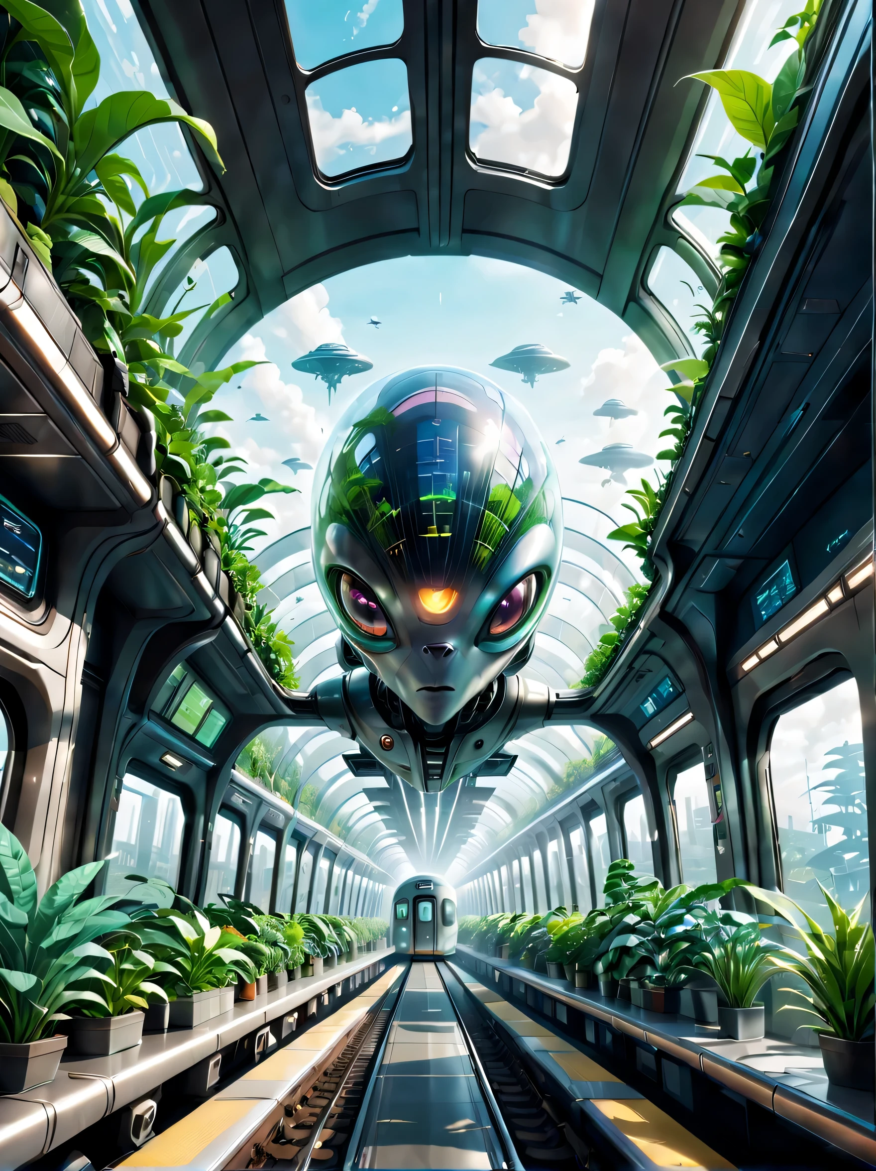 Brand new spacious and tall station hall：1.37，brand，train circling in the sky，Cute little transparent alien，transparent train，A train full of plants，high-end，advanced，Clean，neat