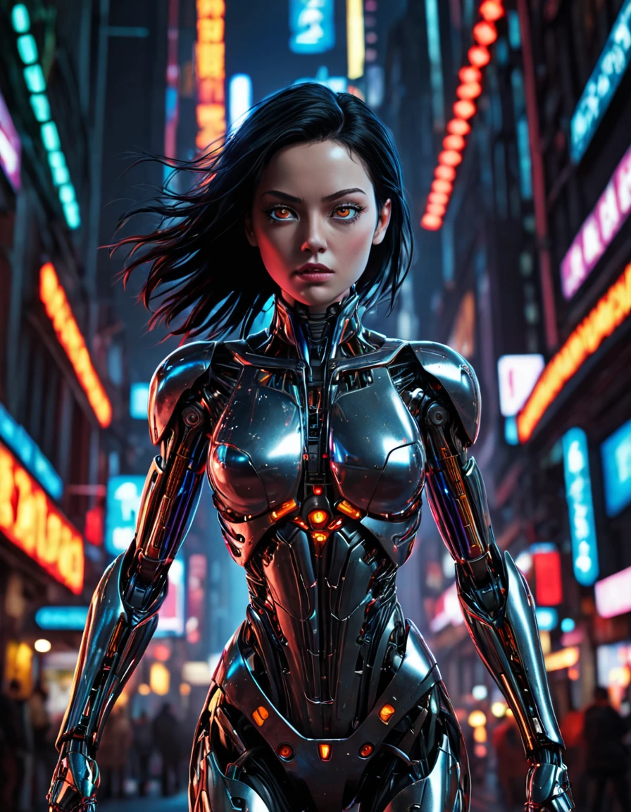 cybernetic robot breathtaking In this breathtaking world of Battle Angle at night, ral-ledlights Alita comes to life in a stunning adaptation. Running towards the viewer, she commands attention, revealing every curve and line of her lean athletic form. Her charming and determined expression. The neon lights that bathe her in a warm glow. She maintains the same cool composure that made her such an iconic character. High contrast, vibrant colors, embedding:, extremely large detailed eyes. The overall effect is a stunning image that captures the style of Chris Cold and Jason Edmiston, . android, AI, machine, metal, wires, tech, futuristic, highly detailed