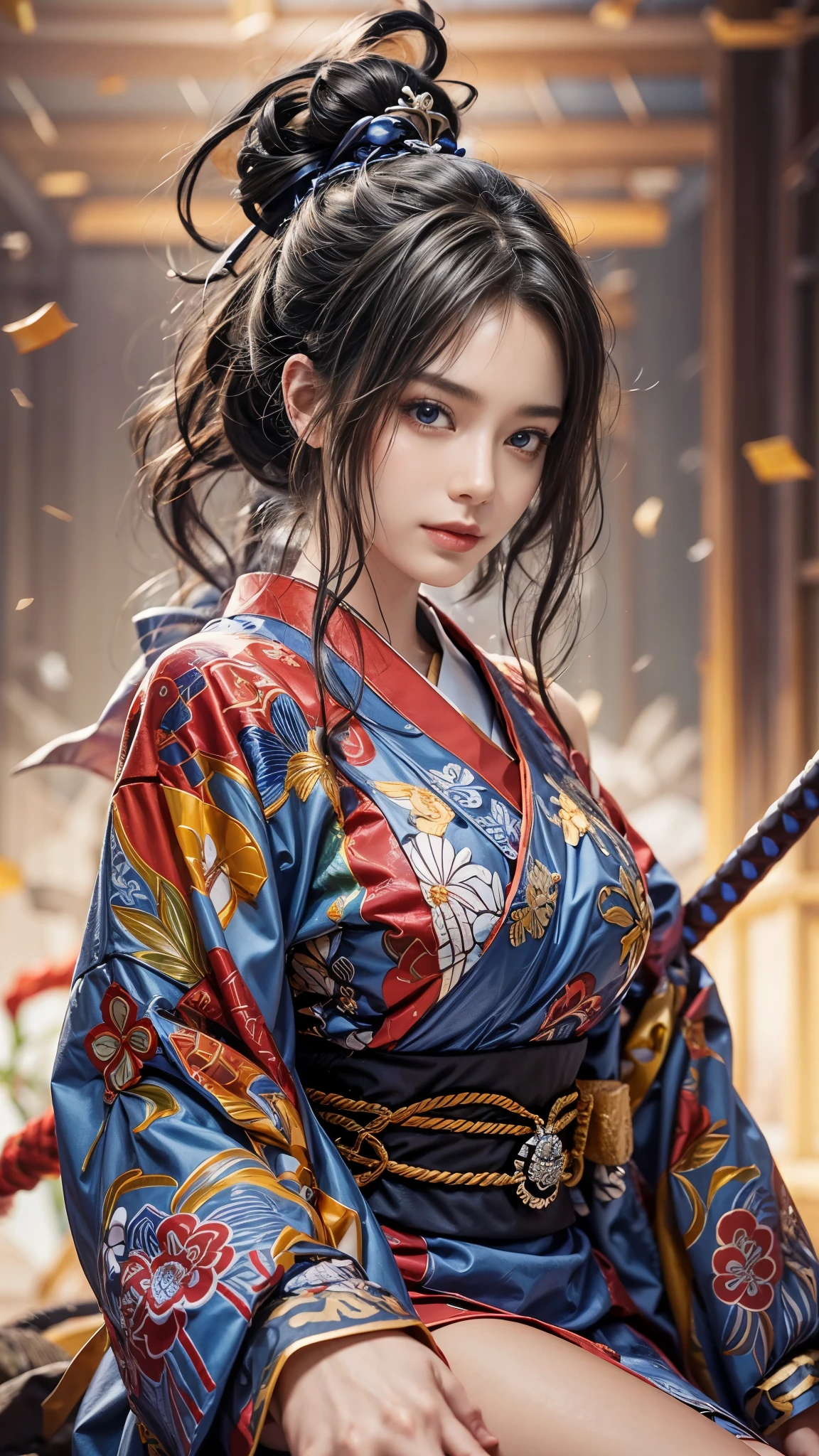 (RAW shooting, Photoreal:1.5, 8k, highest quality, masterpiece, ultra high resolution), Sengoku, fire事, いたるところで燃え上がる戦fire:1.3, perfect dynamic composition:1.2, Highly detailed skin and facial textures:1.2, Slim female samurai with a sharp Japanese sword:1.3, Fight:1.2, beautiful and aesthetic, cute and sexy beauty, perfect style:1.2, wear elaborate rings, fire, water, Wind, thunder, ice, Fair skin, very beautiful face, (Medium chest, Chest gap), (embarrassing smile, The expression on your face when you feel intense caress, Facial expression when feeling pleasure), (Wearing a sexy Sengoku uniform:1.1, off shoulder), (beautiful blue eyes, Eyes that feel beautiful eros:0.8), (Too erotic:0.9, Bewitching:0.9), full body shot