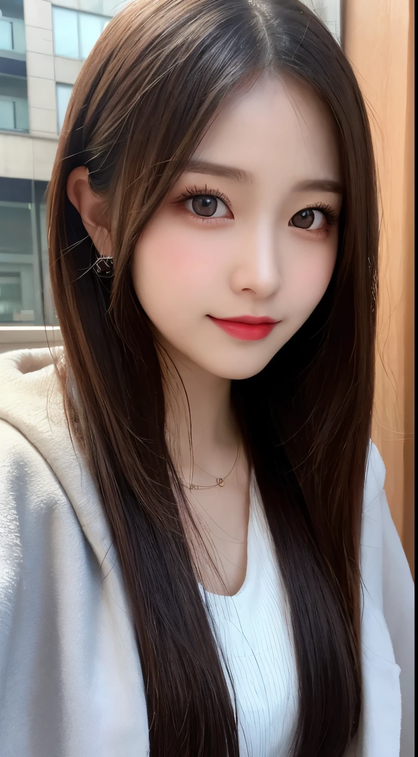 table top, highest quality, shape, Super detailed, finely, High resolution, 8k wallpaper, 完璧なダイナミックな構shape, beautiful and detailed eyes, trend winter clothes,Beautiful straight hair,small breasts,natural color lip, bold sexy pose,smile、20 year old girl、cute、sexy shot looking at camera,Always blur the background,perfect and beautiful face,Take only the face,beautiful and detailed face、slim face and style,Big eyes、do gal makeup,real photos(Highest image quality)、black luxury brand mink coat
