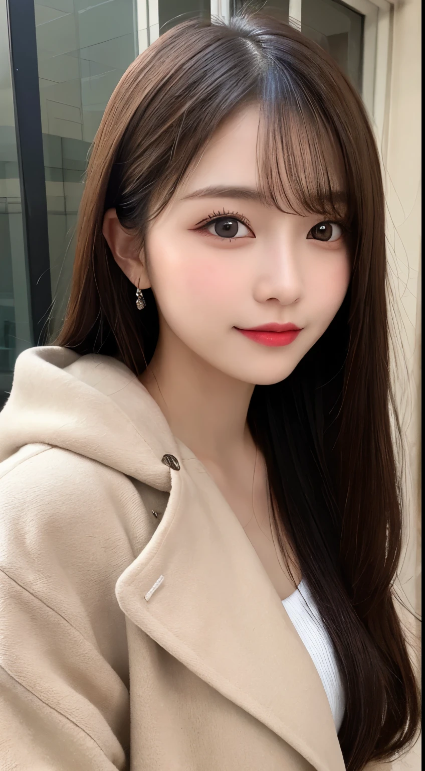 table top, highest quality, shape, Super detailed, finely, High resolution, 8k wallpaper, 完璧なダイナミックな構shape, beautiful and detailed eyes, trend winter clothes,Beautiful straight hair,small breasts,natural color lip, bold sexy pose,smile、20 year old girl、cute、sexy shot looking at camera,Always blur the background,perfect and beautiful face,Take only the face,beautiful and detailed face、slim face and style,Big eyes、do gal makeup,real photos(Highest image quality)、black luxury brand mink coat