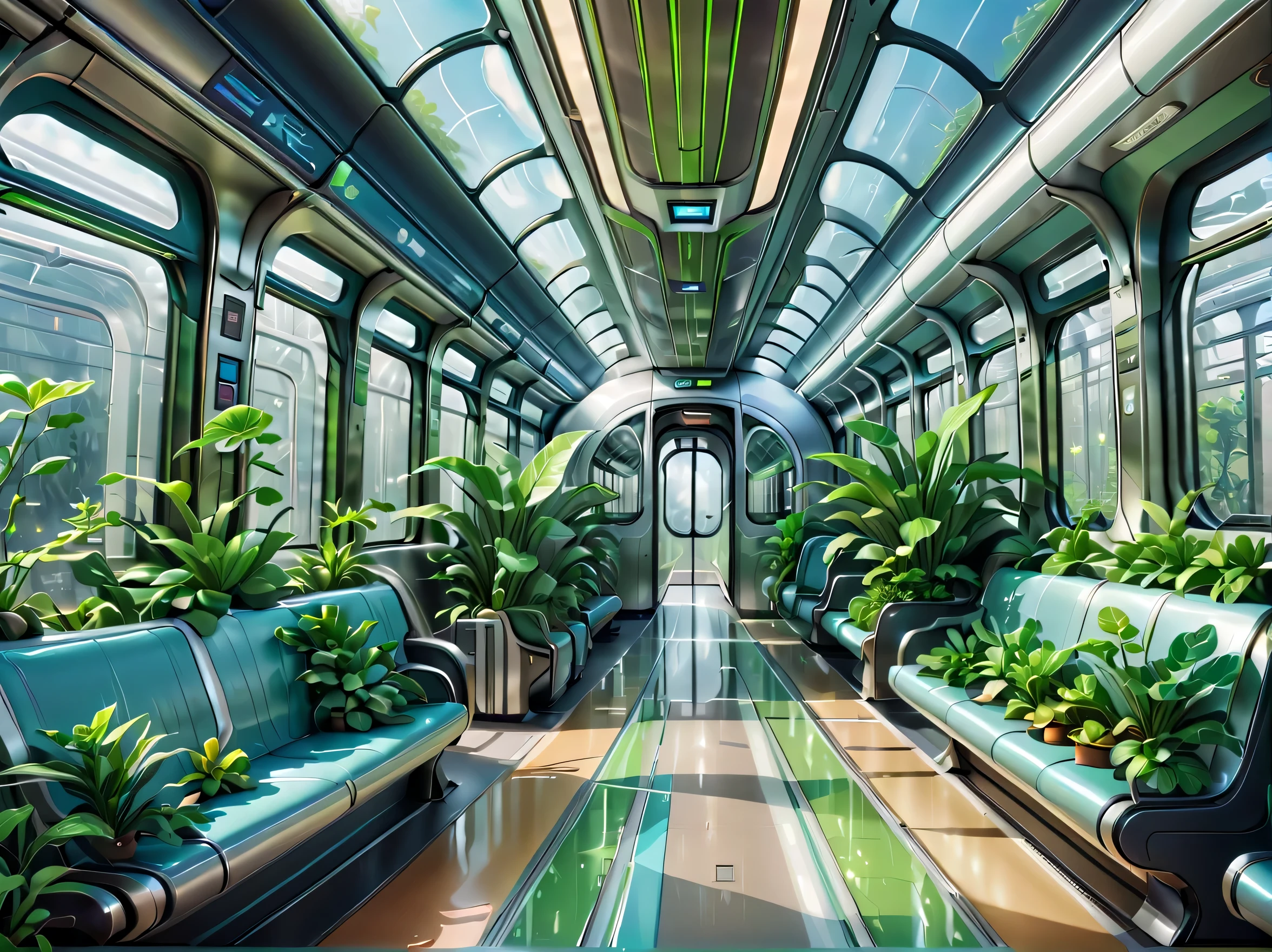 Station interior building,Brand new spacious and tall station hall,brand,Aerobics Train Station,Cute little transparent alien,transparent train,A train full of plants,high-end,advanced,Clean,neat