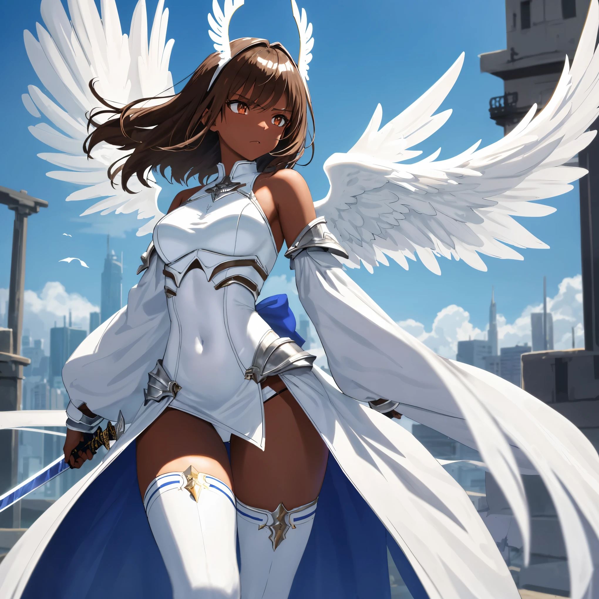 fantasy, 1angel_girl, low_teen, brown_hair, medium_bob_hair,long_bangs, (dark_skin)+, bare_shoulder, navel out, thighhighs,silver_shiny_armor, white_clothes,waist_armor, Glebe, hold_shiny_swords, medium_breasts, Angry, dynamic_pose_fighting,Floating, (1pair_white_wings,pelvic_curtain)++, Headgear ,city_sky_background,,slightly_spread_legs, multiple_shiny_swords_floating_around_the_girl