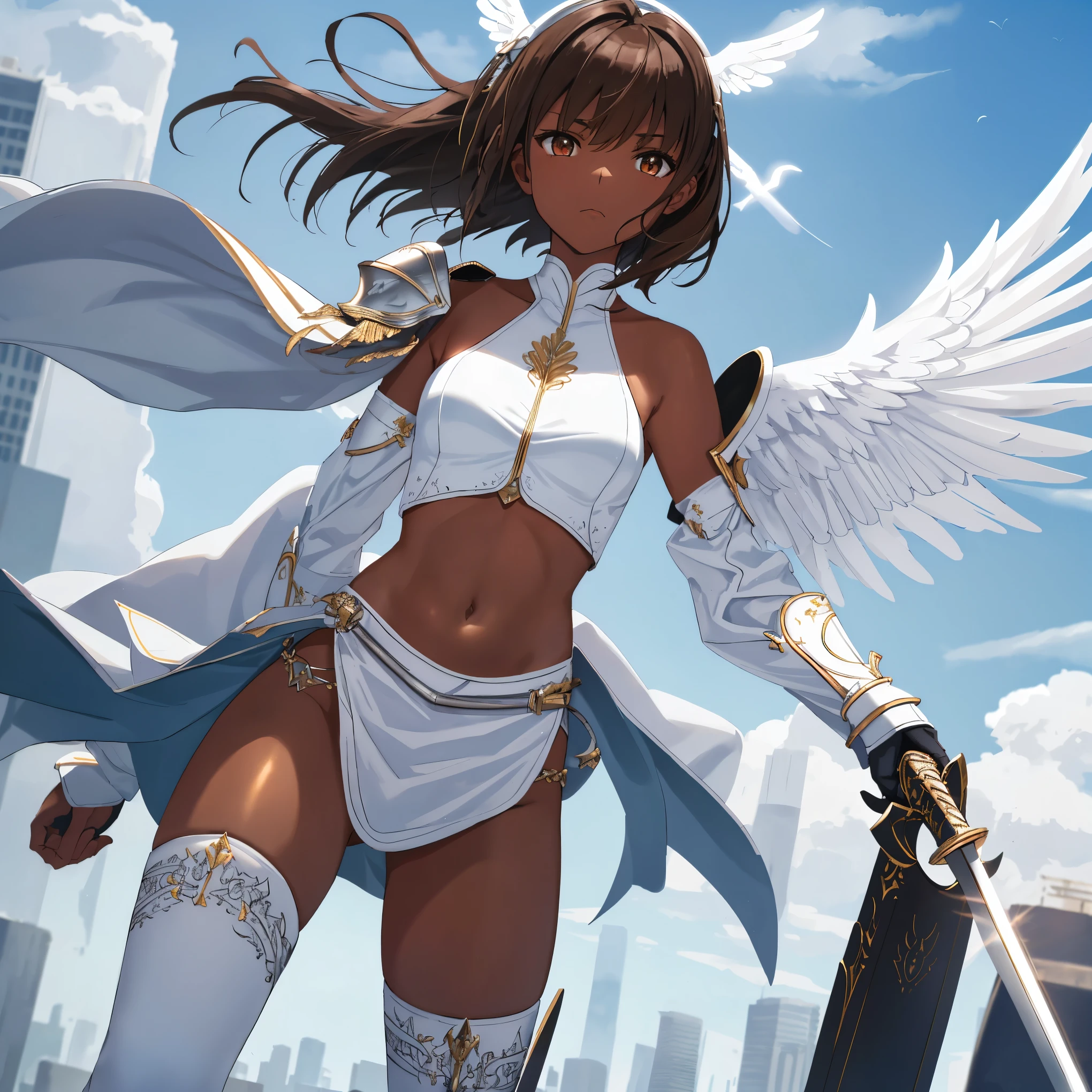 fantasy, 1angel_girl, low_, brown_hair, medium_bob_hair,long_bangs, (dark_skin)+, bare_shoulder, navel out, thighhighs,silver_shiny_armor, white_clothes,waist_armor, Glebe, hold_shiny_swords, medium_breasts, Angry, dynamic_pose_fighting,Floating, (1pair_white_wings,pelvic_curtain)++, Headgear ,city_sky_background,,slightly_spread_legs, multiple_shiny_swords_floating_around_the_girl