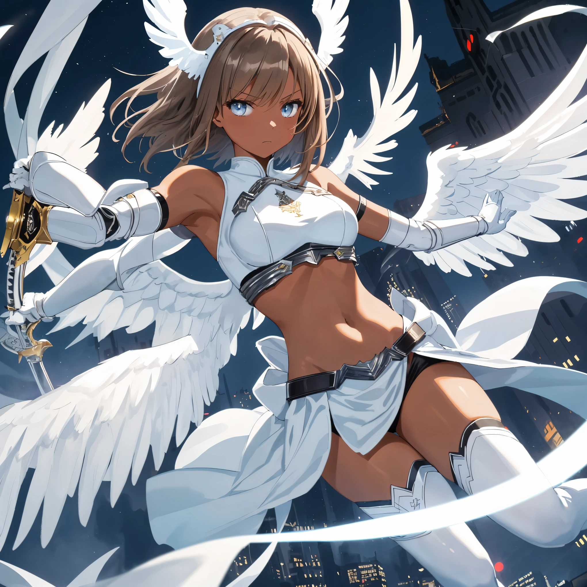 fantasy, 1angel_girl, low_, brown_hair, medium_bob_hair,long_bangs, (dark_skin)+, bare_shoulder, navel out, thighhighs,silver_shiny_armor, white_clothes,waist_armor, Glebe, hold_shiny_swords, medium_breasts, Angry, dynamic_pose_fighting,Floating, (1pair_white_wings,pelvic_curtain)++, Headgear ,city_sky_background,,slightly_spread_legs, multiple_shiny_swords_floating_around_the_girl