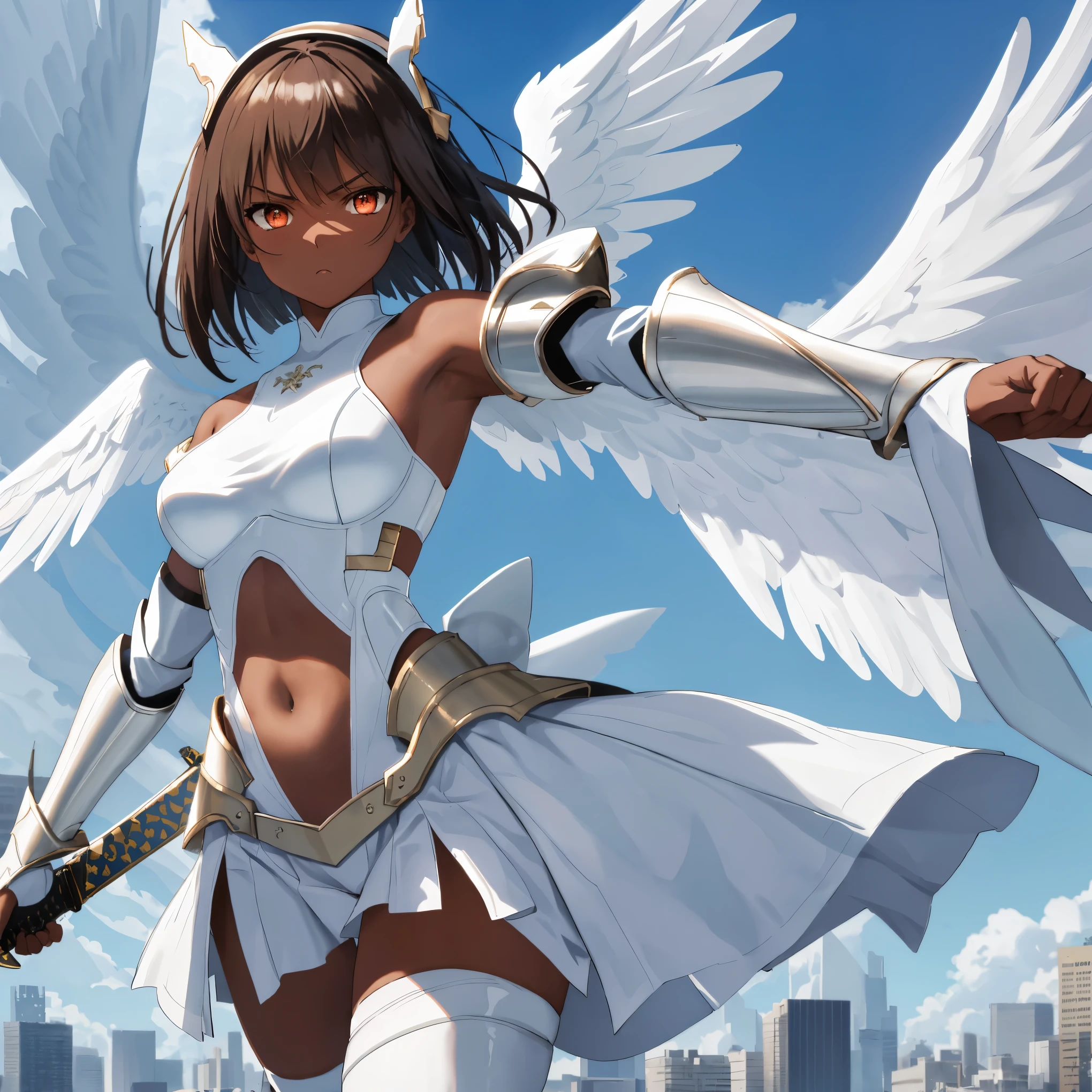 fantasy, 1angel_girl, low_, brown_hair, medium_bob_hair,long_bangs, (dark_skin)+, bare_shoulder, navel out, thighhighs,silver_shiny_armor, white_clothes,waist_armor, Glebe, hold_shiny_swords, medium_breasts, Angry, dynamic_pose_fighting,Floating, (1pair_white_wings,pelvic_curtain)++, Headgear ,city_sky_background,,slightly_spread_legs, multiple_shiny_swords_floating_around_the_girl