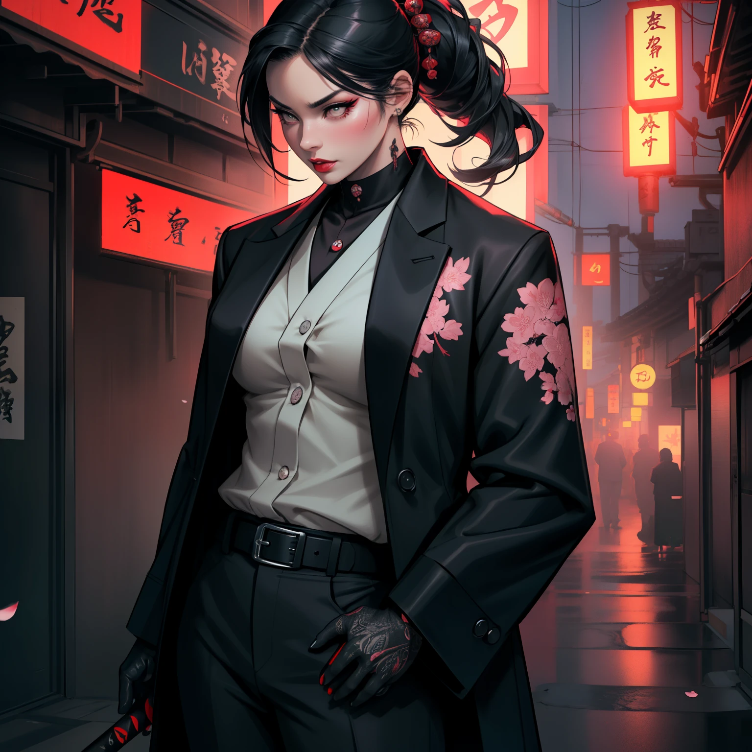 female yakuza boss wearing a suit, japanese aesthetic, alone, solo, (best quality,4k,8k,highres,masterpiece:1.2),ultra-detailed,(realistic,photorealistic,photo-realistic:1.37),crime boss,organized crime,leather gloves,dark sunglasses,confident expression,serious expression,dark and moody lighting,urban backdrop,neon lights,cityscape,modern architecture,sleek and stylish,obsidian black suit,cropped trousers,tailored blazer,long trench coat,sharp collar,waist belt,traditional japanese tattoo,dragon tattoo,bold and intricate designs,black hair,ponytail,red lipstick,painted nails,autoritative presence,strategic mindset,hidden weapon,cigarette smoke,quiet determination,lonely figure,glimpse of vulnerability,aura of power,japanese calligraphy,sharp katana,secret hideout,quiet confidence,color scheme: deep red and black,soft shadows,cool tones,vivid pops of color,subtle cherry blossom motif.