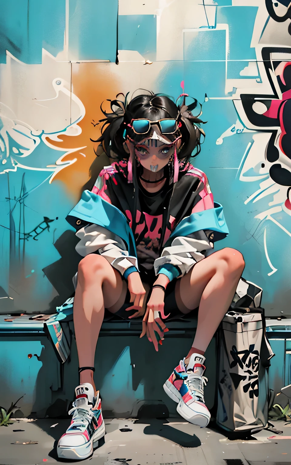 hd, (best details) (highest quality), Strongest pirate girl wearing sunglasses sitting on a sofa chair, (((graffiti art))), (((Trigger Studio style, graffiti art, skull fashion, Neon color))), khan griffith
