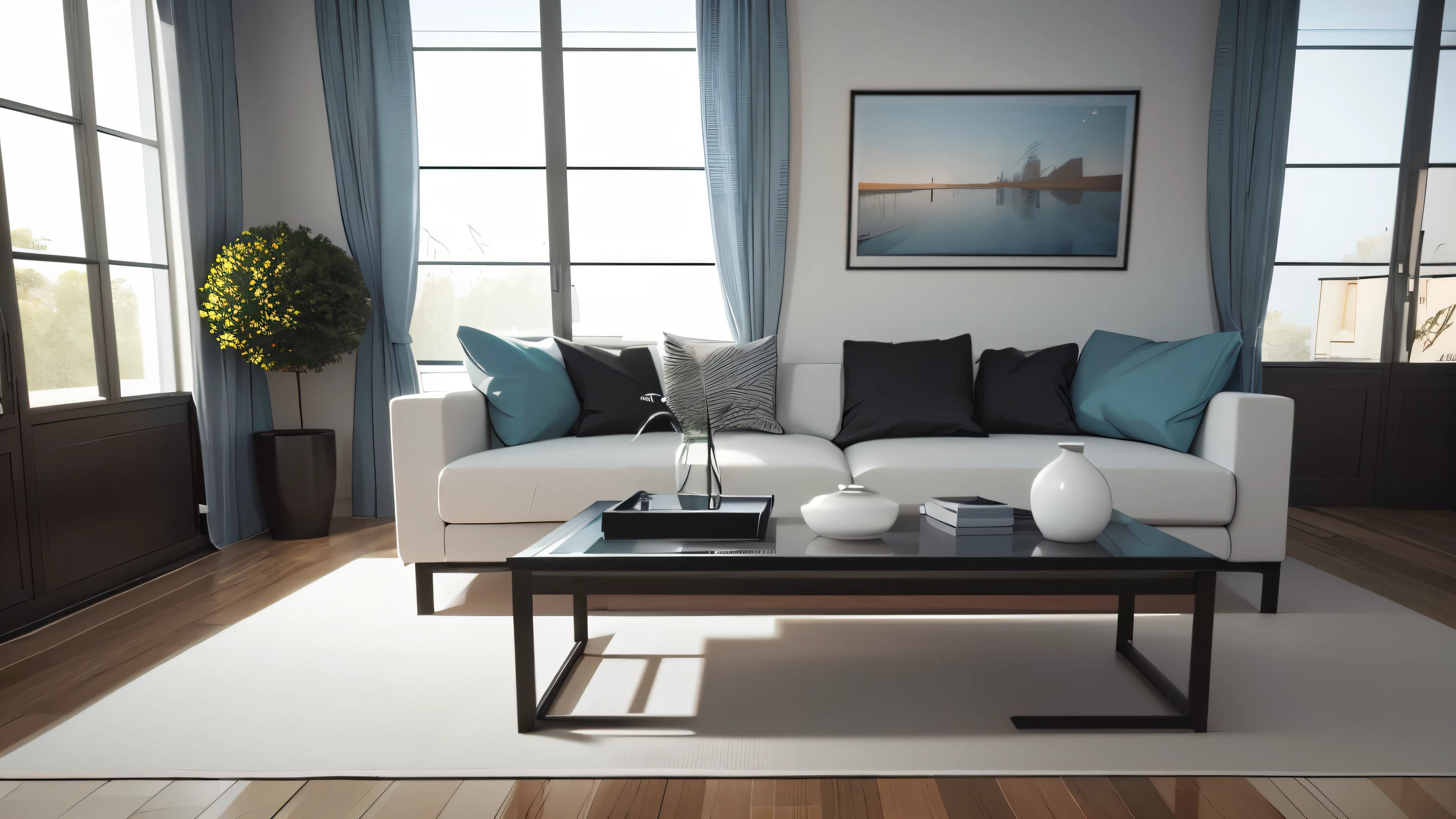 you are a famous interior designer、I was asked to create a 3D image of a large modern room.。. Create a harmonious environment with modern and minimalist furniture. Including garden interior.