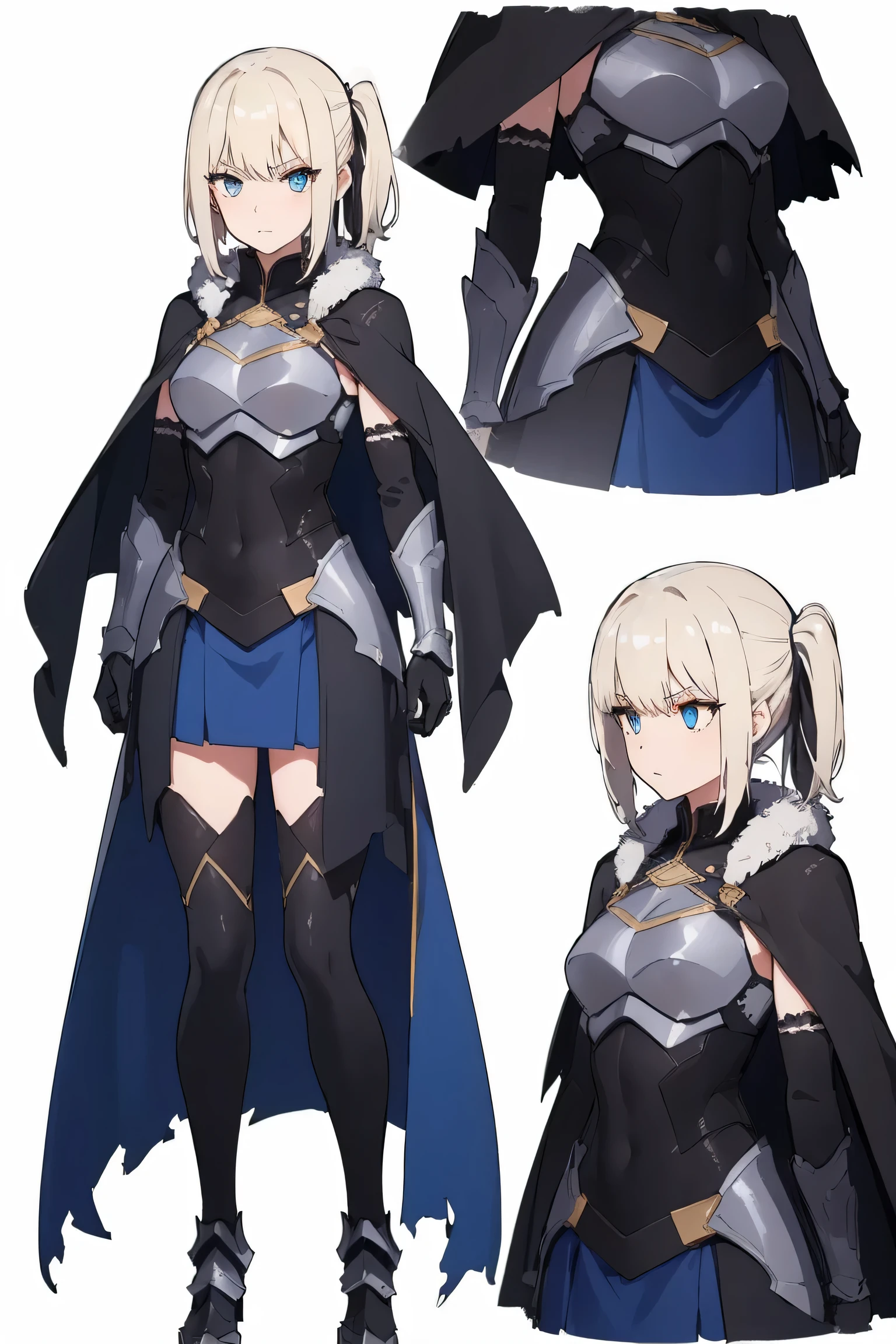 1girl, solo, limalisha, side ponytail, hair ribbon,blonde hair,
BREAK (armor, armored dress, black thighhighs, cape, dress, fur trim, fur-trimmed cape, scowl, sheath, short dress, thighhighs, torn clothes:1.2),
BREAK  (multiple views:1.5),from behind,from_front,(blue background:1.3),(full body:1.4),arms at sides,
BREAK (white background, simple background:1.6),
BREAK (masterpiece:1.2), best quality, high resolution, unity 8k wallpaper, (illustration:0.8), (beautiful detailed eyes:1.6), extremely detailed face, perfect lighting, extremely detailed CG, (perfect hands, perfect anatomy),