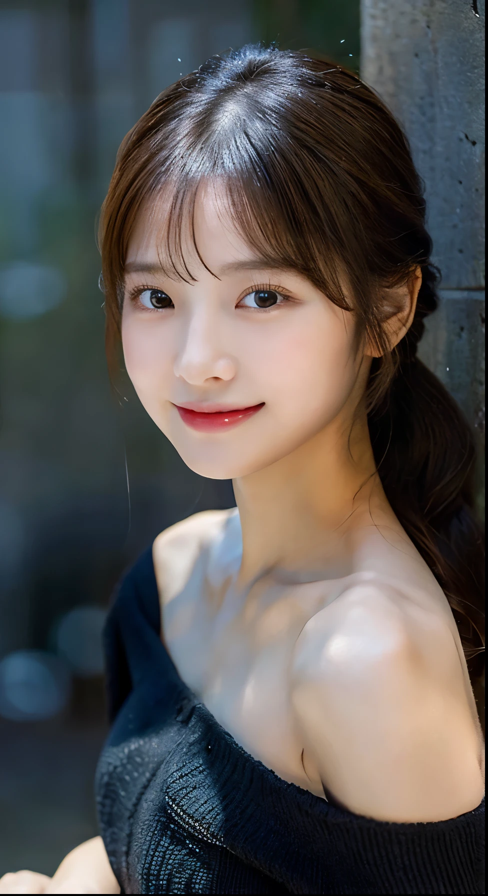 beautiful girl,full body shot、delicate face,delicate lips,delicate eyes,delicate hair,beauty of japan,Super high quality,8k,top ponytail,highest quality:1.4,thin,medium breasts,deep shadow,dark,smile,cute,professional lighting,off shoulder(black),19 years old、thin腕,
muscular,smart body,slim face,masterpiece,real skin