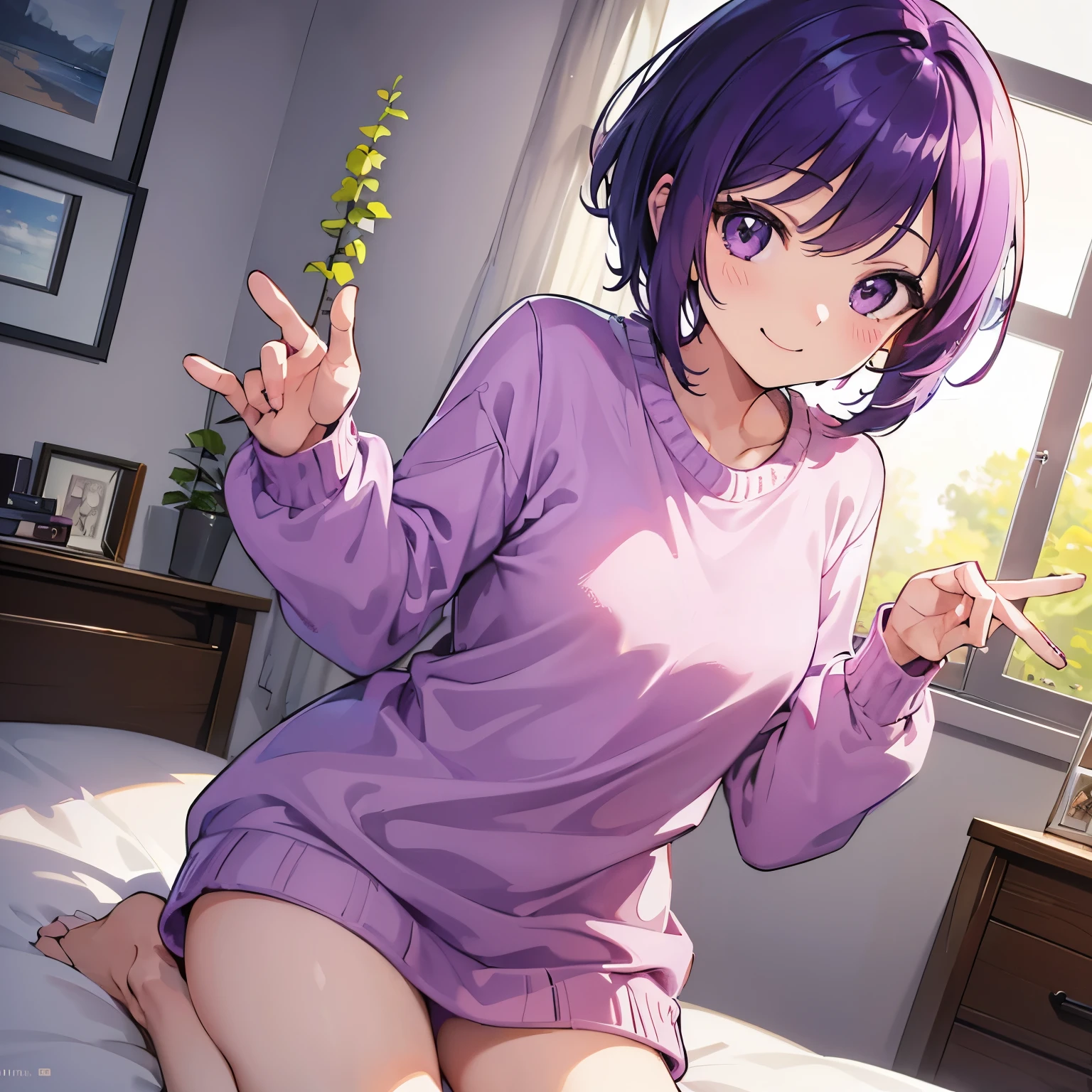 (T Masterpiece,4k wallpaper,best quality))、((girl1people))、(solo)、Shining and vivid,(purple hair)、(shortcut:1.3)、smile、Bedroom、sweater、morning