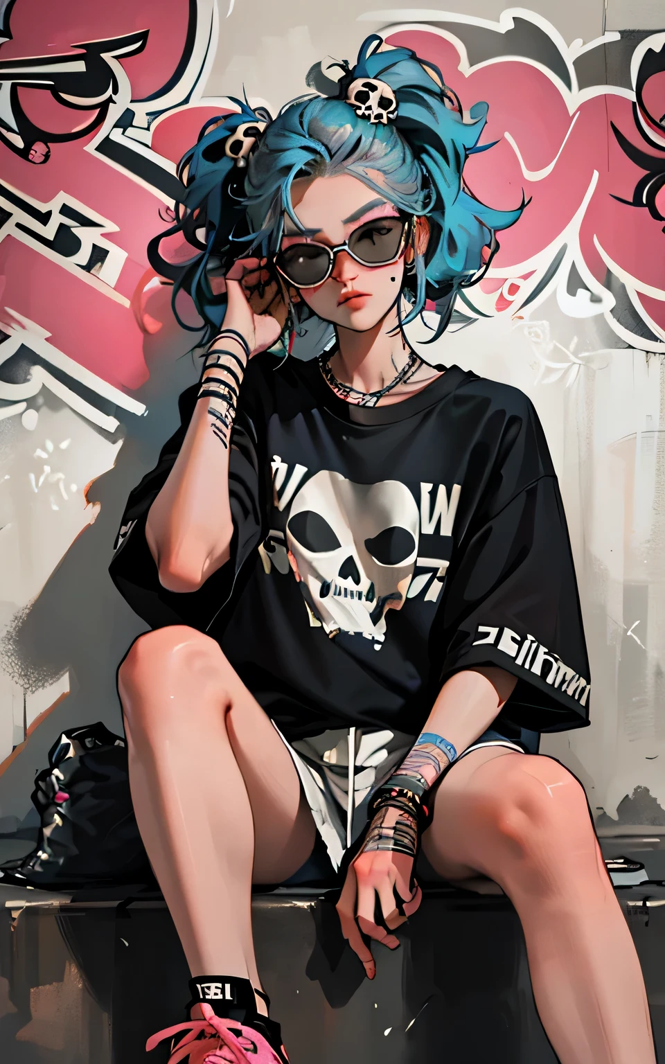 stylish t-shirt designs, (best details) (highest quality), Strongest pirate girl wearing sunglasses sitting on a sofa chair, (((graffiti art))), (((Trigger Studio style, graffiti art, skull fashion, Neon color))), khan griffith