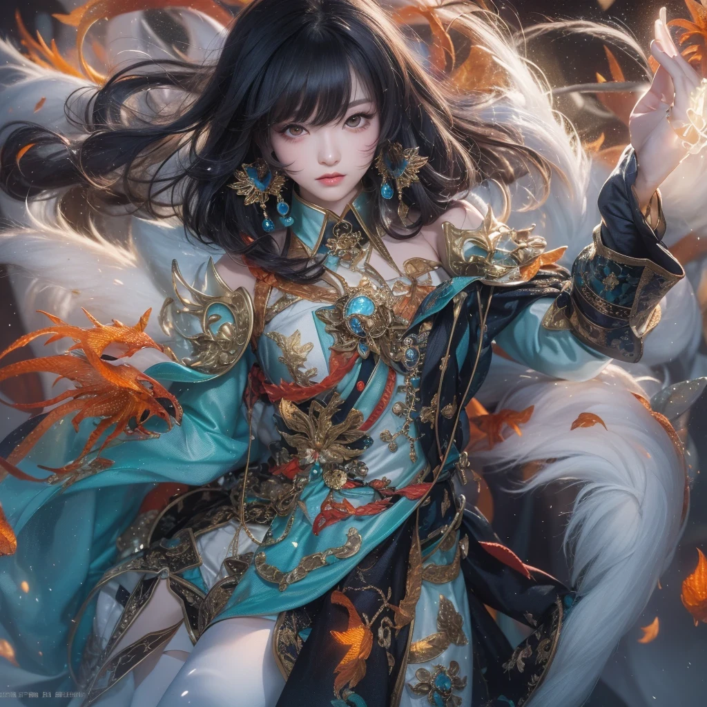 Feitian Nine Tails Light Blue Celestial Master Flame Hairy Fox Star，novel，Torch Night Black Gold Orange Snake Print Silk Trousers，Rouge Diamond Tulle Sheer Lizard Print，Fat girl flying in space in the snow 1:900 miniatures，Front view，pure transparency，put on boxing gloves，Wear gold-framed reflective sunglasses，Panoramic super wide angle，very happy，Authentic and delicate texture，Strong visual impact，Super detailed，dream girl，delicate face型，beautiful eyes，Hair floating in the air， Cherry style，Zhou Xiaotong，crystal clear，Good sense of perspective，Light and shadow effects，16K smooth，surface reflected light，flowing black hair，Water Goddess 32K，complicated，grace，Very detailed，magnificent，digital photography，Autumn Cowboy Shooting，Surrealism，broken ruby，defeat magic，Water magic entanglement，（masterpiece，movie lighting，beautiful eyes：1.2），high dynamic range，void 5 energy storm，(china 1 girl，black eyes:1.5），rouge skin，glowing skin，(sit on stone：1.5），delicate face，black hair，Put on gorgeous golden armor，take off shoulders，，short skirt，beautiful golden armor，it&#39;It&#39;s raining，beautiful big breasts，looking at the audience，Turn your back to the camera，masterpiece，side,side portrait close-up