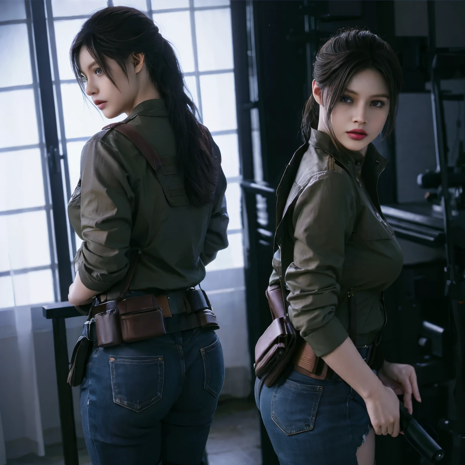 Claire in army clothes, back, walking