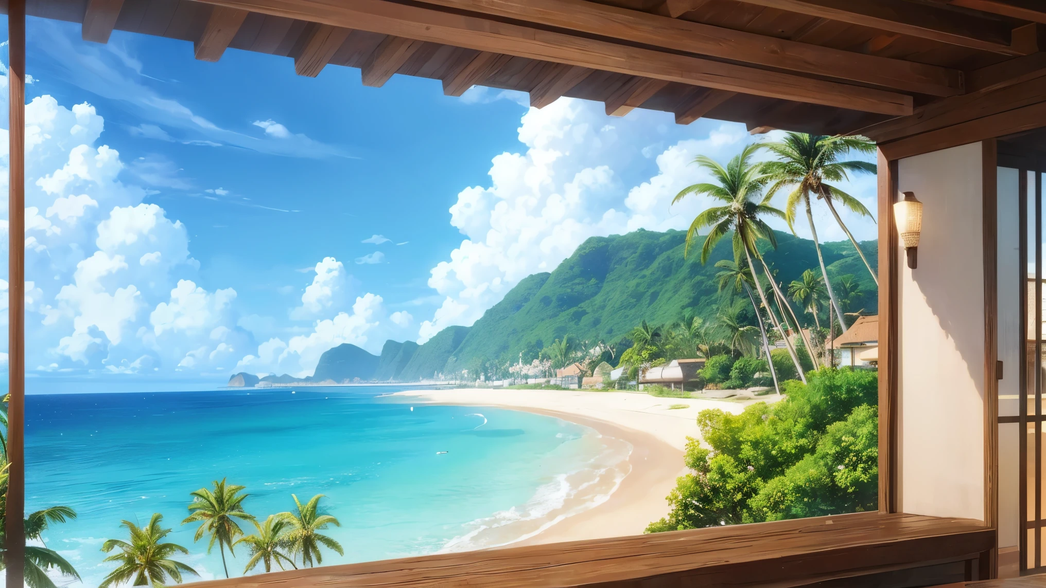 sea view with coconut trees, High resolution, 8k, Ghibli style