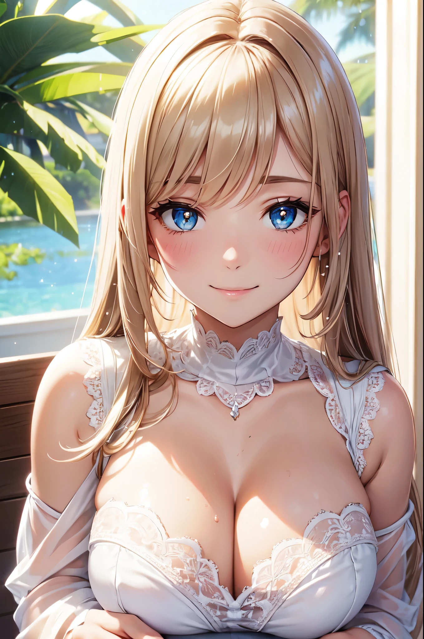 (High quality, High resolution, Fine details), BREAK White palace, BREAK White Lace Dress, solo, curvy women, sparkling eyes, (Detailed eyes:1.2), Natural Makeup, smile, blush, Sweat, Oily skin, shallow depth of field
