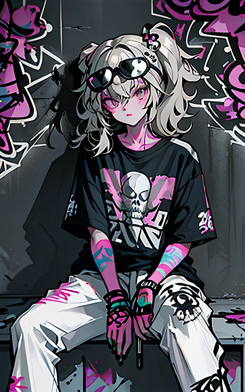 (flat color:1.3),(colorful:1.3),(masterpiece:1.2), best quality, masterpiece, original, extremely detailed wallpaper, sitting, extremely detailed wallpaper, absurdres, highres, illustration, 1girl, solo, (expressionless, emotionless), active pose, creative background, (abstract background), (long eye lashes), hair ornament, piercing, facial tattoo, fangs, blacklight, full body, neon, gray skin, hoodie <lora:uv:1> <lora:add_detail:0.5>