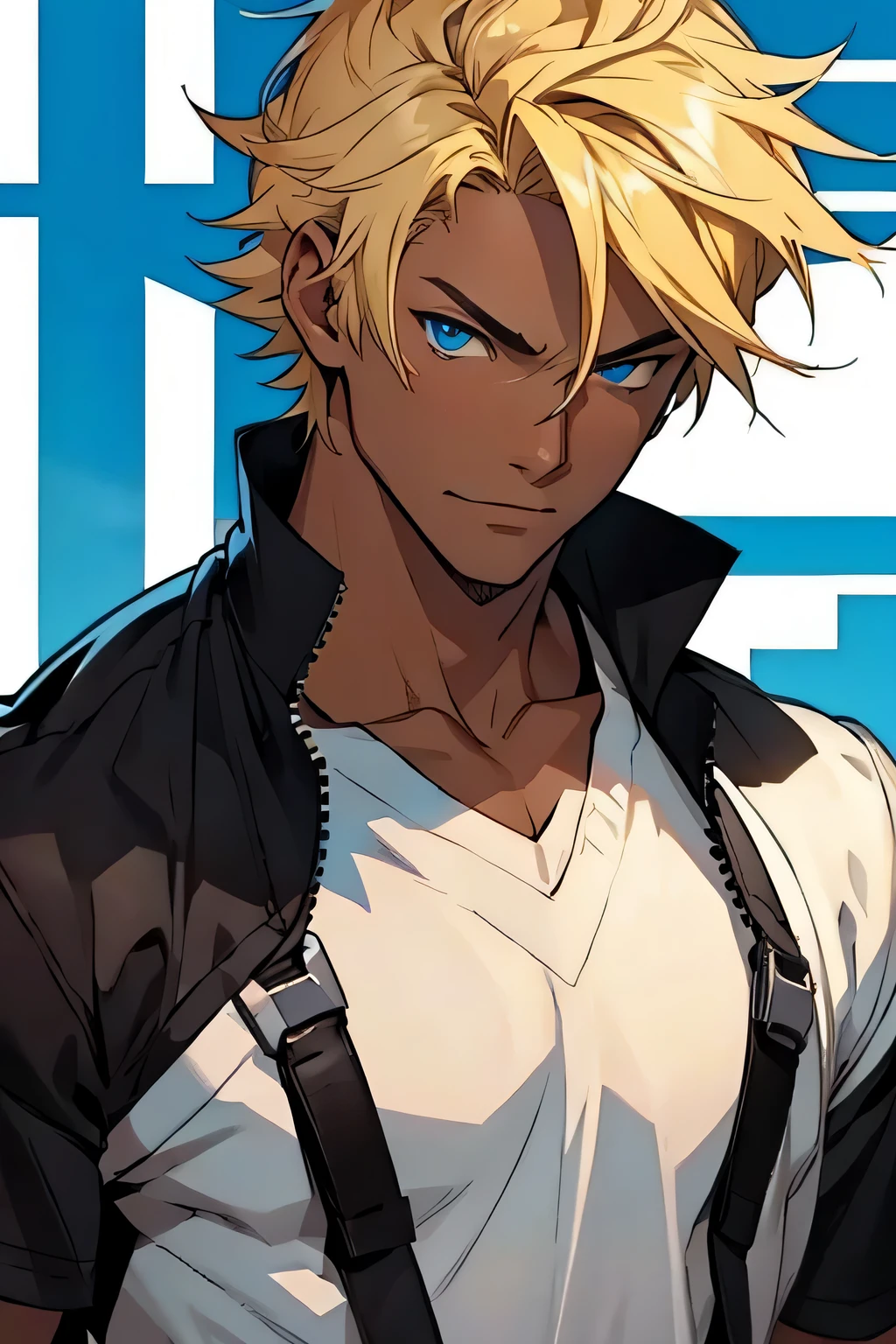garoto, homem, Top Preto Masculino, estilo anime, cabelo curto, Anime, olhos azuis, personagem masculino, pele bronzeada escura, Cabelo loiro, estilo anime
