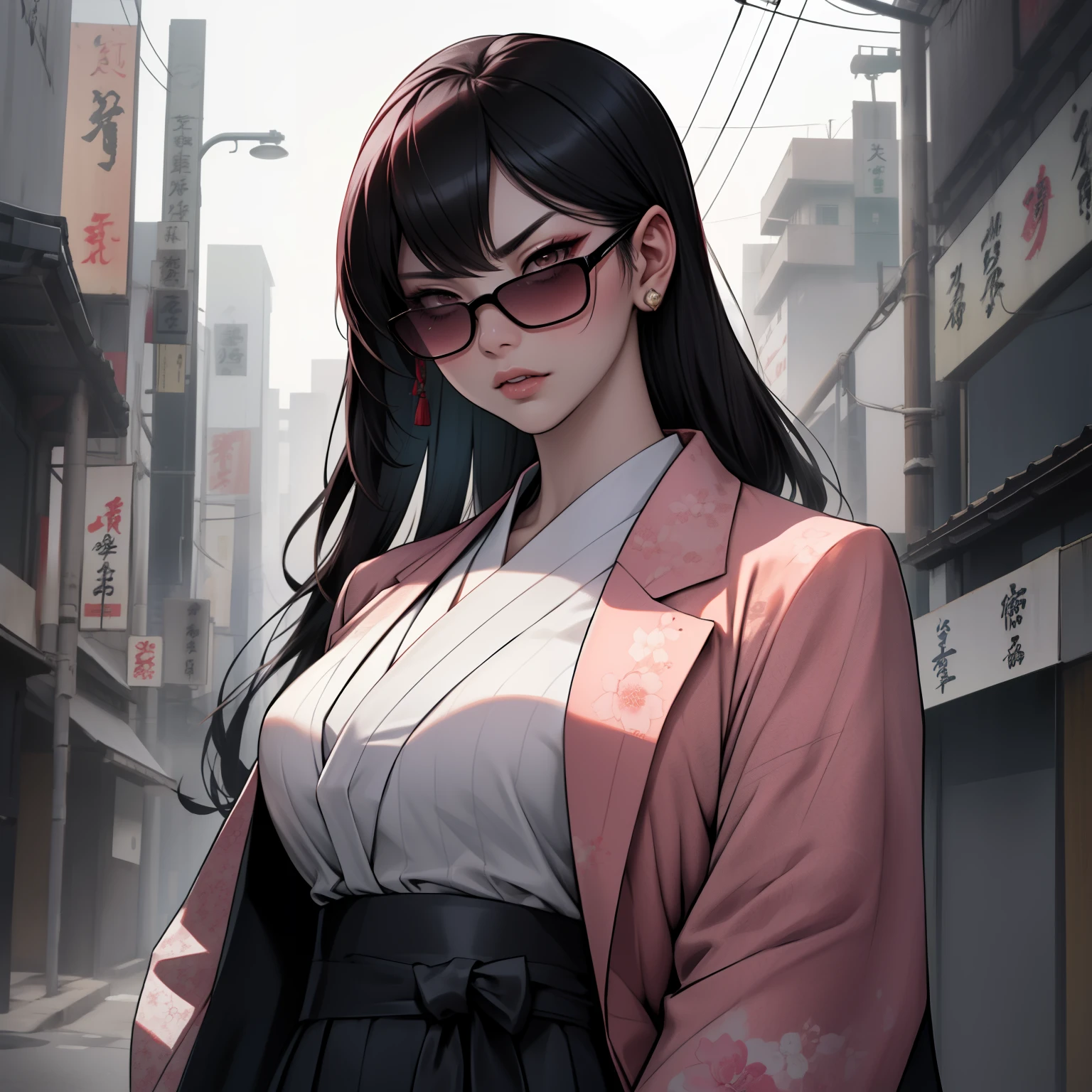 Female yakuza boss wearing a suit, japanese aesthetic, alone, solo, (ALONE)(SOLO), chery blossom falling, serious look in her eye, the boss, wearing sunglasses