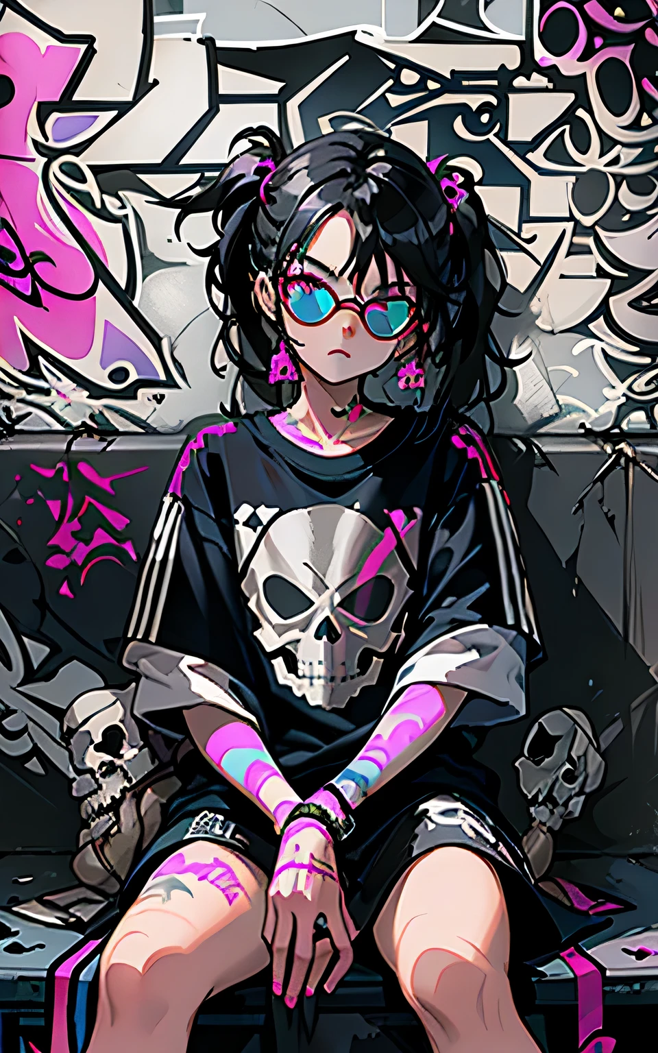 stylish t-shirt designs, (best details) (highest quality), Strongest pirate girl wearing sunglasses sitting on a sofa chair, cute, (((graffiti art))), (((Trigger Studio style, graffiti art, skull fashion, Neon color))), 