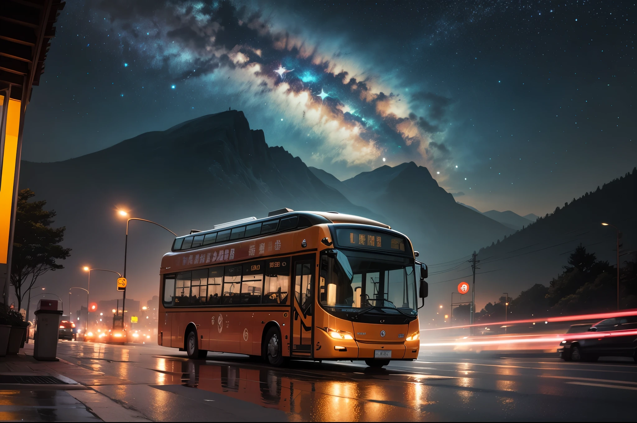 bus stop,comics, bright starry sky. Romantic bus passing through body of water on road,high saturation,Bright colors, Xin Haicheng's pictures, pure, concept art, Lofi Art style, reflection. author:Xin Haicheng, Lofi Art, Beautiful anime scene, anime scenery, Detailed Landscape—Width 672, Xin Haicheng's style, Xin Haicheng的風格, Enhance details.
