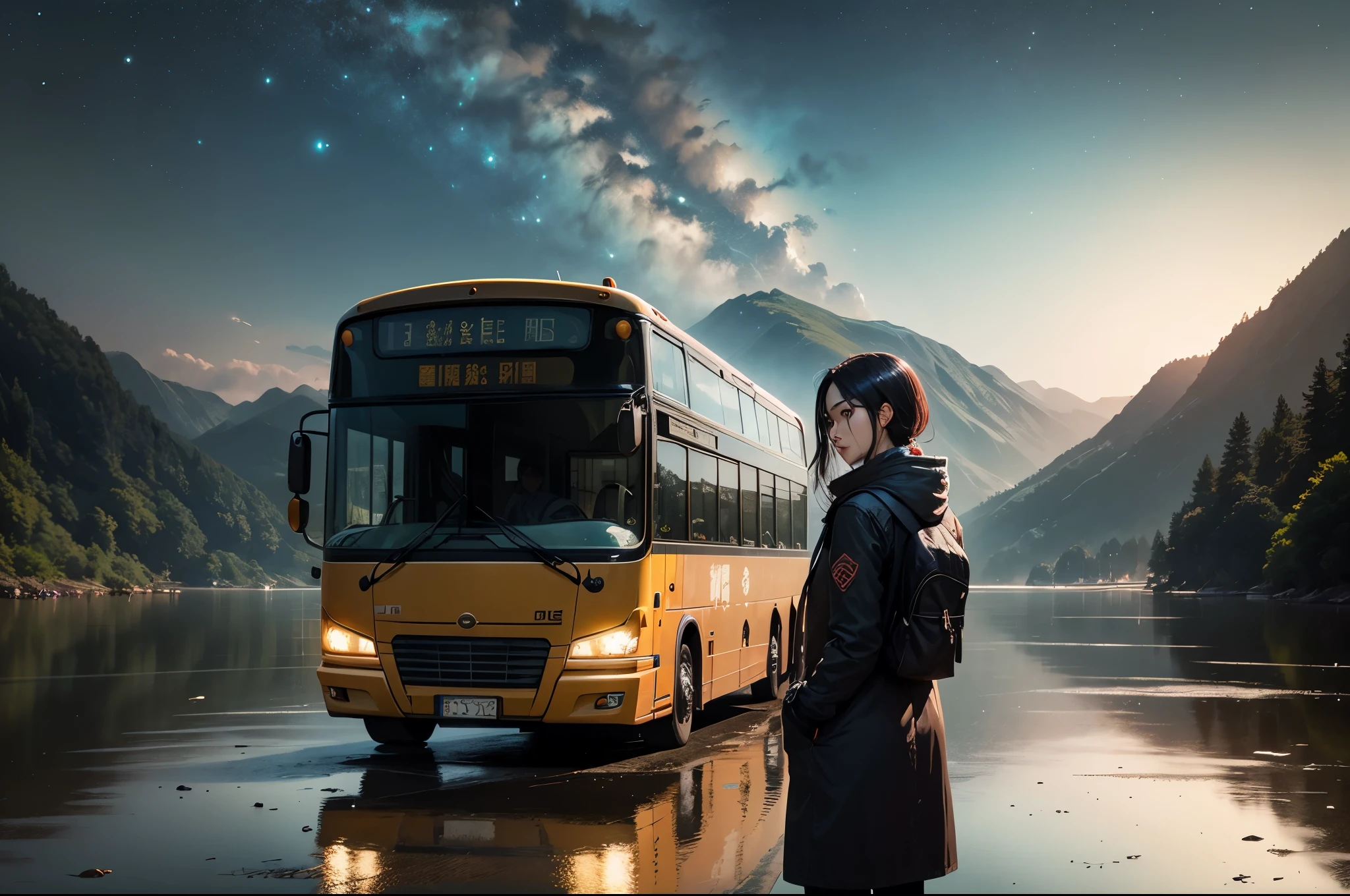 bus stop,comics, bright starry sky. Romantic bus passing through body of water on road,high saturation,Bright colors, Xin Haicheng's pictures, pure, concept art, Lofi Art style, reflection. author:Xin Haicheng, Lofi Art, Beautiful anime scene, anime scenery, Detailed Landscape—Width 672, Xin Haicheng's style, Xin Haicheng的風格, Enhance details.