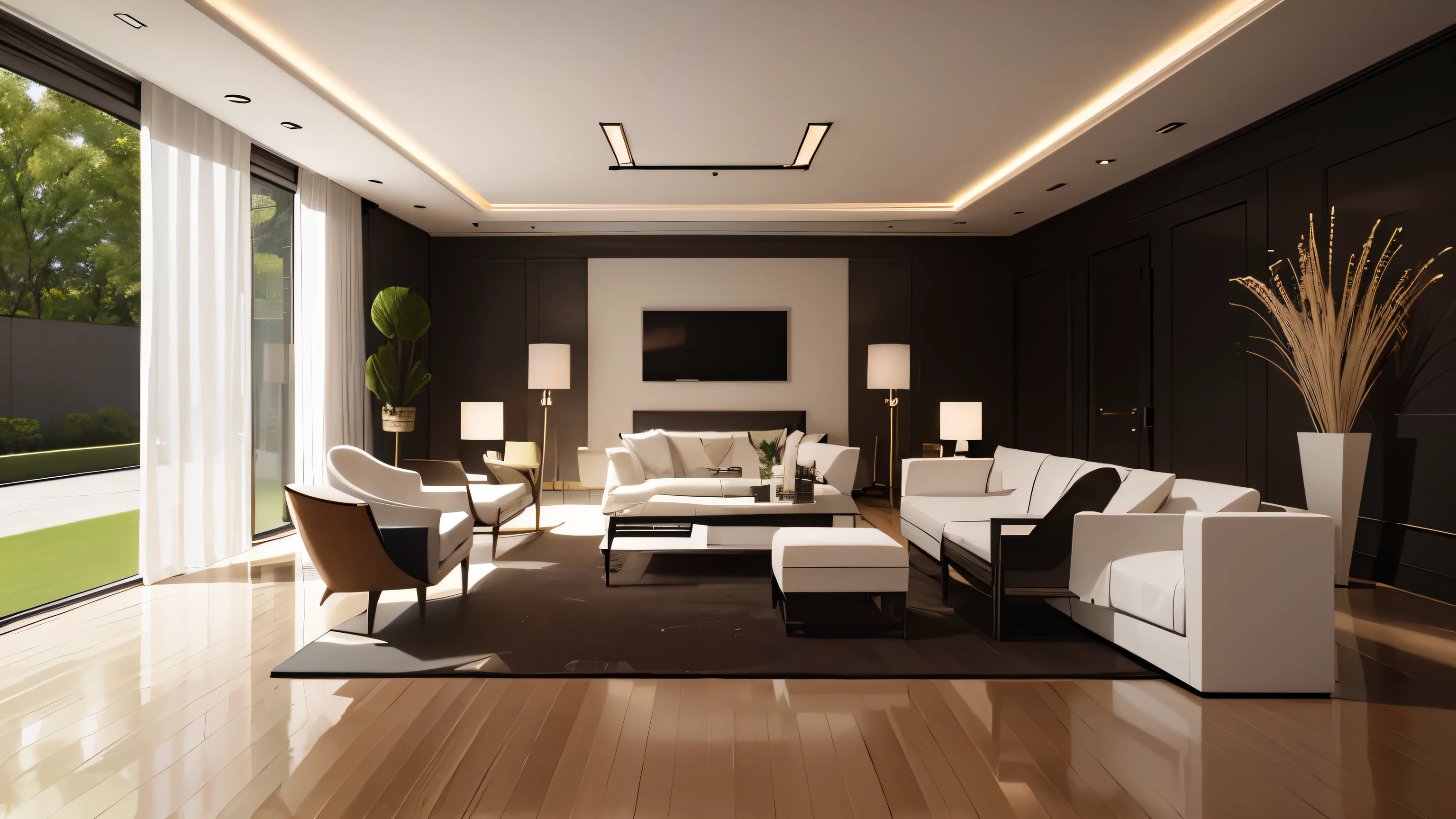you are a famous interior designer、I was asked to create a 3D image of a large modern room.。. Create a harmonious environment with modern and minimalist furniture. Including garden interior.