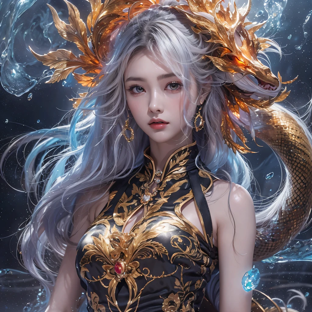 A mythical dragon，It has rainbow-like scales and silky wings，Carrying a haute couture female model on her back，Soar through the crimson sky。The female model wears an elegant outfit designed with a Chinese phoenix pattern，Strike fearlessly and embrace this amazing animal。The composition captures the determination and beauty of the model in close-ups，Blend Chinese cultural elements with haute fashion，Transports viewers into a world full of dreams and magic。The female model wears a delicate haute couture cheongsam gown with intricate patterns，Surrounded by spheres of floating water droplets，（Water drop sphere：1.8），It evokes the mysterious charm of the starry universe，Abstract landscape with ethereal design，Meticulous design of well-crafted clothing，Chinese fans，This is a close-up photography of a woman，（This woman has perfect body proportions：1.8），（Mid-chest and thin waist：1.8），（Small thin buttocks：1.8），（Hair is neat：1.8），（the feet：1.8），The content is super detailed and informative，Realist conception，The style is original，UHD resolution，Hyper-realistic，Realistis，Eyes look at the audience and smile，（The eye：1.8），（Eye sizes are consistent：1.8），Hibiscus moon and water drops，sunraise，bokha mood，（An extremely delicate and beautiful girl：1.8），8k wallpaper，8k，8K original{{{tmasterpiece}}}，RAW photogr，(8K at its best, tmasterpiece:1.8), (Super realistic, Super realistic:1.8), ultra-detailliert，(tmasterpiece:1.8)，best qualtiy，tmasterpiece，hires，Original，Very detailed ultra HD wallpapers，Perfect for bright cool lighting，Super detailed facial features are beautiful and beautiful，(Super realistic and beautiful facial features：1.8），Super detailed limbs sound and beautiful，（Super realistic and beautiful limbs：1.8），Super detailed action elegant and charming，（White as jade, lustrous and flexible, smooth arms and legs：1.8），（The fingers of the left hand point in a unified direction：1.7），（The fingers of the right hand point in a unified direction：1.7)