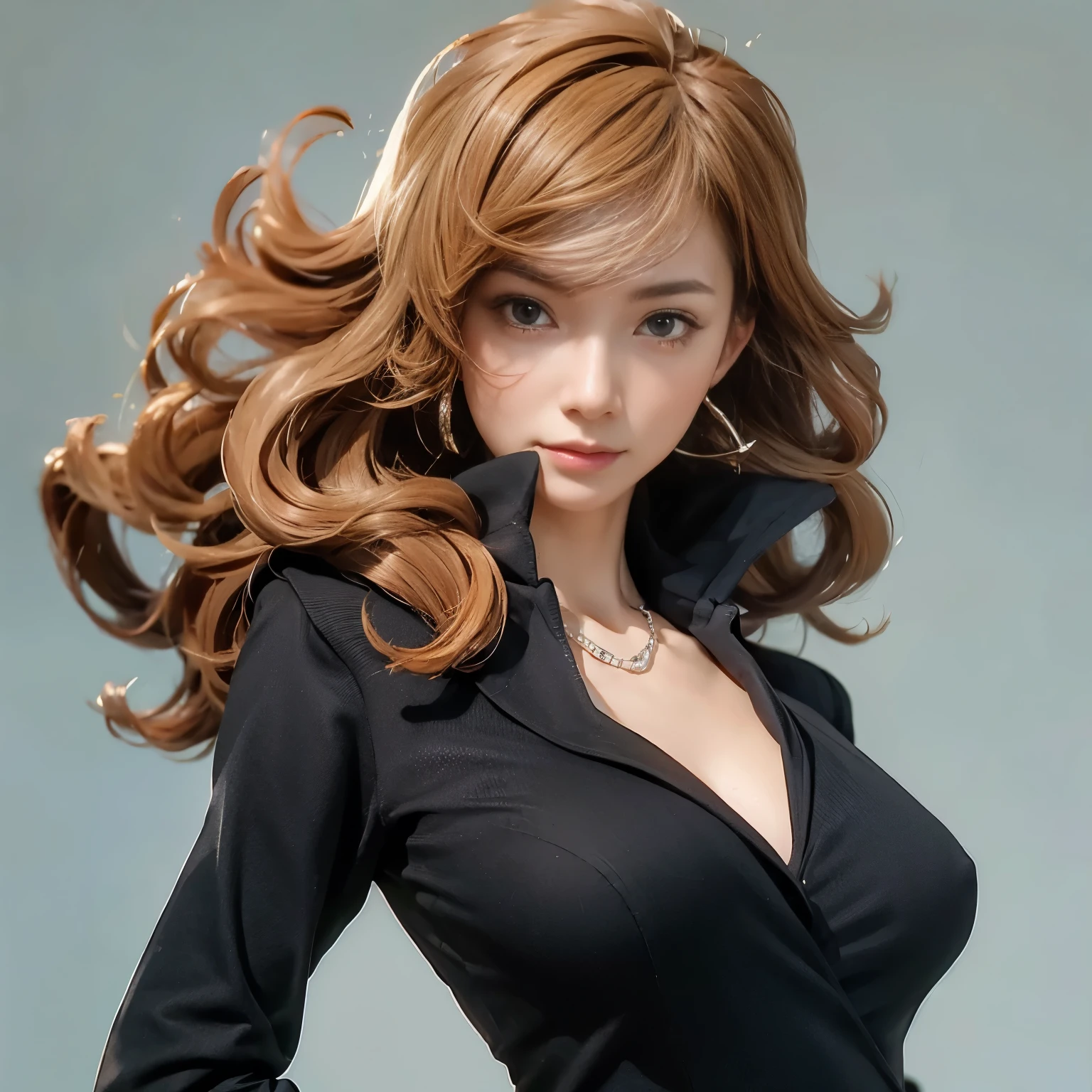 realistic photo、８ｋ、realistic skin texture、Fujiko Mine、black shirt、high heels、concrete background