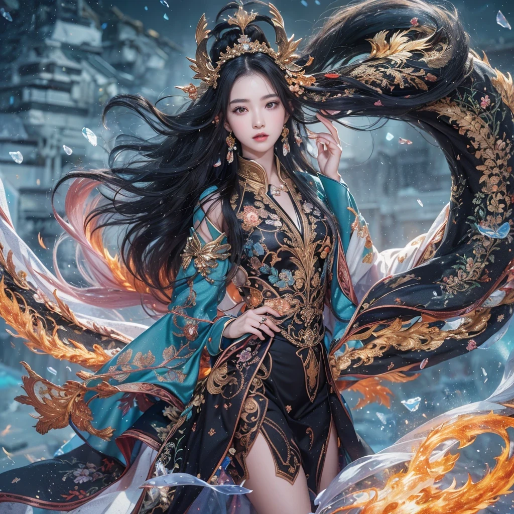 Feitian Nine Tails Light Blue Celestial Master Flame Hairy Fox Star,novel,Torch Night Black Gold Orange Snake Print Silk Trousers,Rouge Diamond Tulle Sheer Lizard Print,Fat girl flying in space in the snow 1:900 miniatures,Front view,pure transparency,put on boxing gloves,Wear gold-framed reflective sunglasses,Panoramic super wide angle,very happy,Authentic and delicate texture,Strong visual impact,Super detailed,dream girl,delicate face型,beautiful eyes,Hair floating in the air, Cherry style,Zhou Xiaotong,crystal clear,Good sense of perspective,Light and shadow effects,16K smooth,surface reflected light,flowing black hair,Water Goddess 32K,complicated,grace,Very detailed,magnificent,digital photography,Autumn Cowboy Shooting,Surrealism,broken ruby,defeat magic,Water magic entanglement,(masterpiece,movie lighting,beautiful eyes:1.2),high dynamic range,void 5 energy storm,(china 1 girl,black eyes:1.5),rouge skin,glowing skin,(sit on stone:1.5),delicate face,black hair,Put on gorgeous golden armor,take off shoulders,,short skirt,beautiful golden armor,it'It's raining,beautiful big breasts,looking at the audience,Turn your back to the camera,masterpiece,side,side portrait close-up
