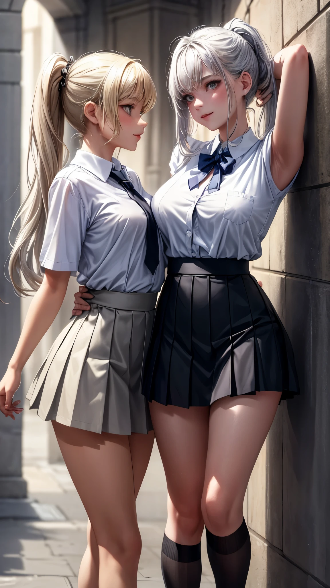 masterpiece, top quality, NSFW, 18+, 2 young girls in school uniforms, innocent yet curious, body movements revealing a hint of maturity,
girl one, blonde hair in a ponytail, pinned against the wall with her arms above her head, eyes wide with excitement,
girl two, silver hair, holding girl one's waist with one hand, lips parted in a seductive smile,(( lifting her skirt with the other hand)), both girls looking deeply into each other's eyes,
high resolution, realistically rendered textures, warm lighting casting shadows on their faces, a softly blurred background, the smell of adolescence in the air.