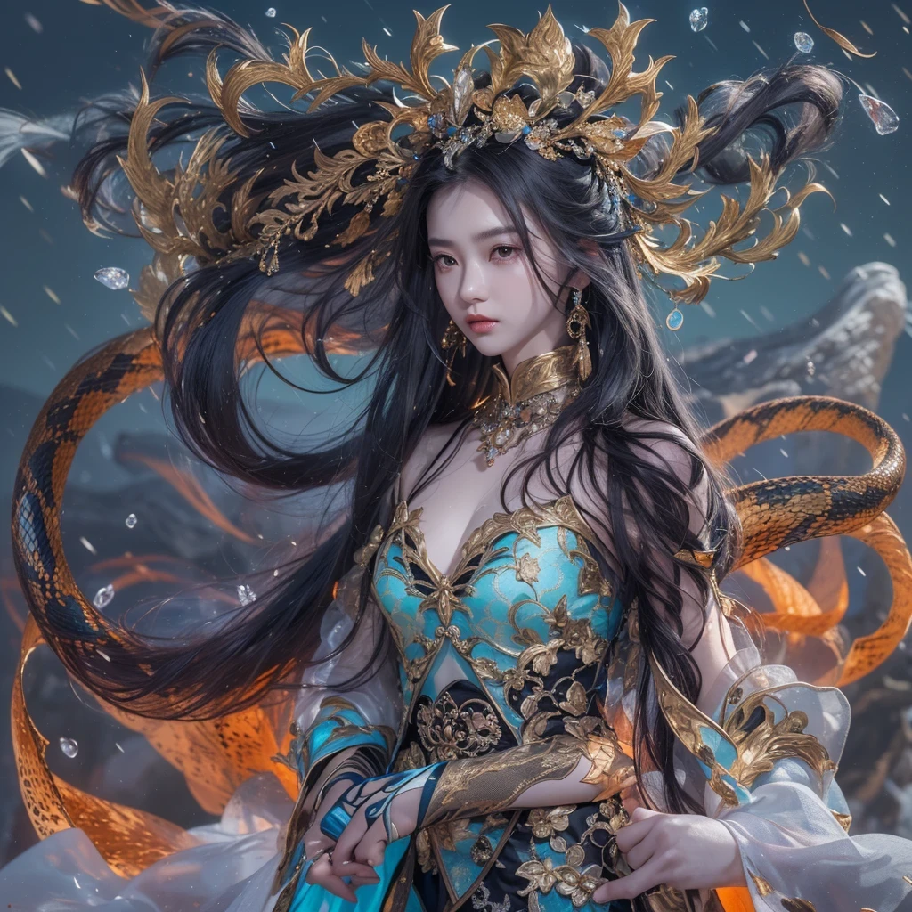 Feitian Nine Tails Light Blue Celestial Master Flame Hairy Fox Star,novel,Torch Night Black Gold Orange Snake Print Silk Trousers,Rouge Diamond Tulle Sheer Lizard Print,Fat girl flying in space in the snow 1:900 miniatures,Front view,pure transparency,put on boxing gloves,Wear gold-framed reflective sunglasses,Panoramic super wide angle,very happy,Authentic and delicate texture,Strong visual impact,Super detailed,dream girl,delicate face型,beautiful eyes,Hair floating in the air, Cherry style,Zhou Xiaotong,crystal clear,Good sense of perspective,Light and shadow effects,16K smooth,surface reflected light,flowing black hair,Water Goddess 32K,complicated,grace,Very detailed,magnificent,digital photography,Autumn Cowboy Shooting,Surrealism,broken ruby,defeat magic,Water magic entanglement,(masterpiece,movie lighting,beautiful eyes:1.2),high dynamic range,void 5 energy storm,(china 1 girl,black eyes:1.5),rouge skin,glowing skin,(sit on stone:1.5),delicate face,black hair,Put on gorgeous golden armor,take off shoulders,,short skirt,beautiful golden armor,it'It's raining,beautiful big breasts,looking at the audience,Turn your back to the camera,masterpiece,side,side portrait close-up