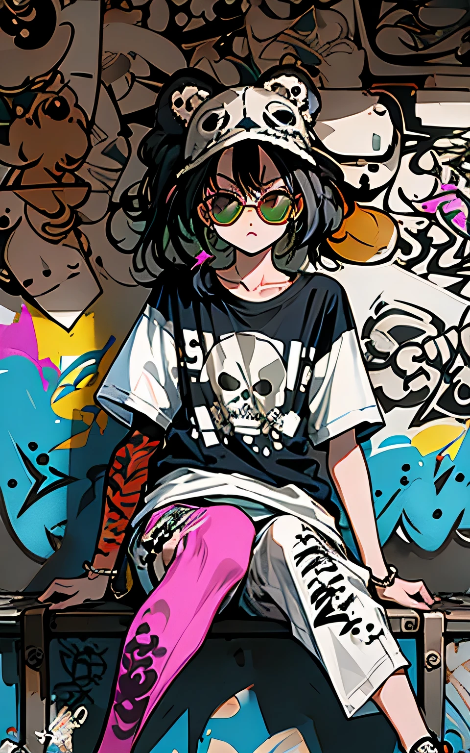 stylish t-shirt designs, (best details) (highest quality), Strongest pirate girl wearing sunglasses sitting on a sofa chair, cute, (((graffiti art))), (((Eiichiro Oda Kaze, graffiti art, skull fashion, Neon color))),