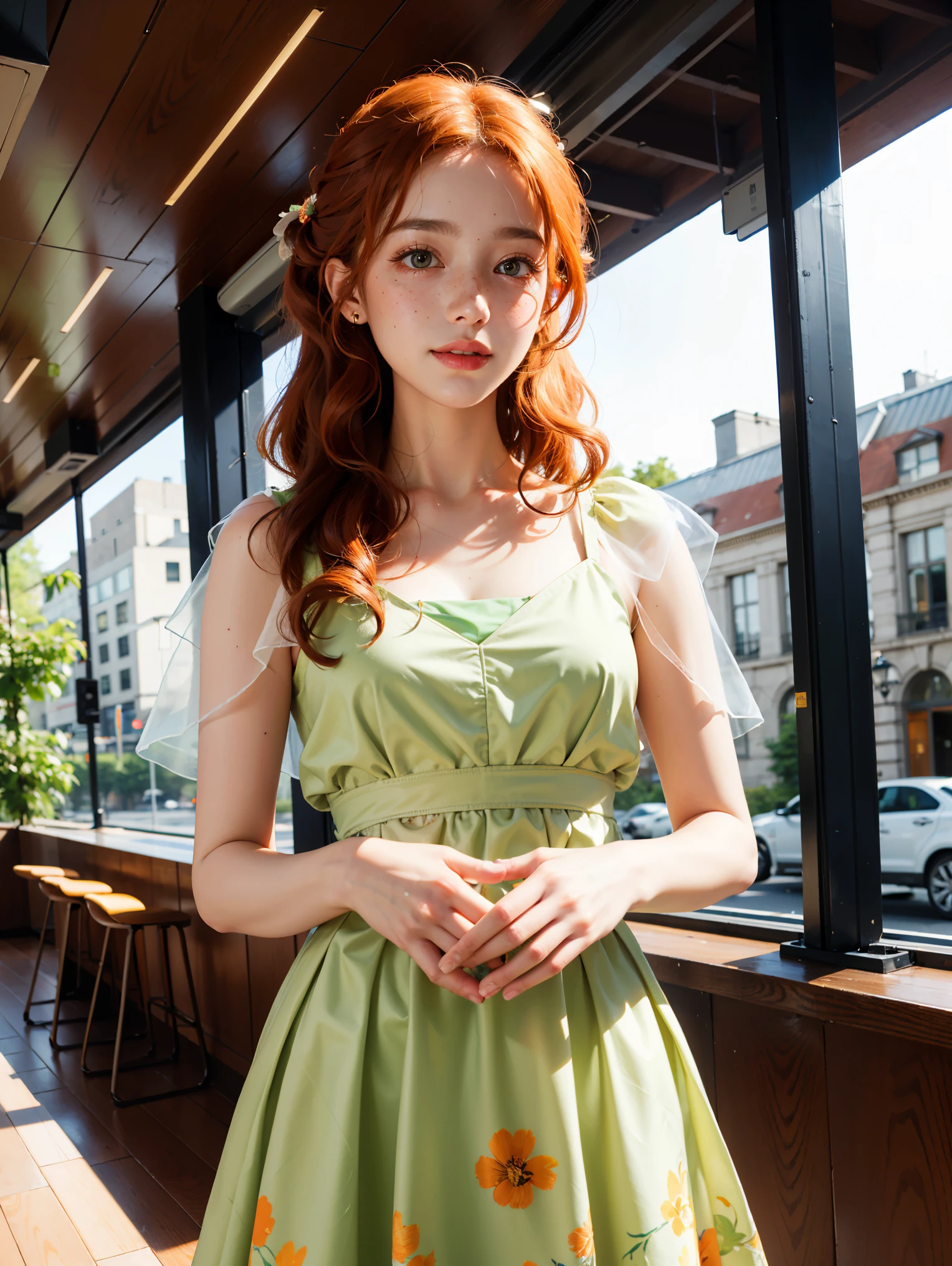 masterpiece portrait of a woman in Montreal at dawn, long hair, cute orange curly hair, smile, green eyes, freckles, Floral, dress, dawn, neon, light, caustic, lens reflection, ((alone)), Ishmael_wheel part