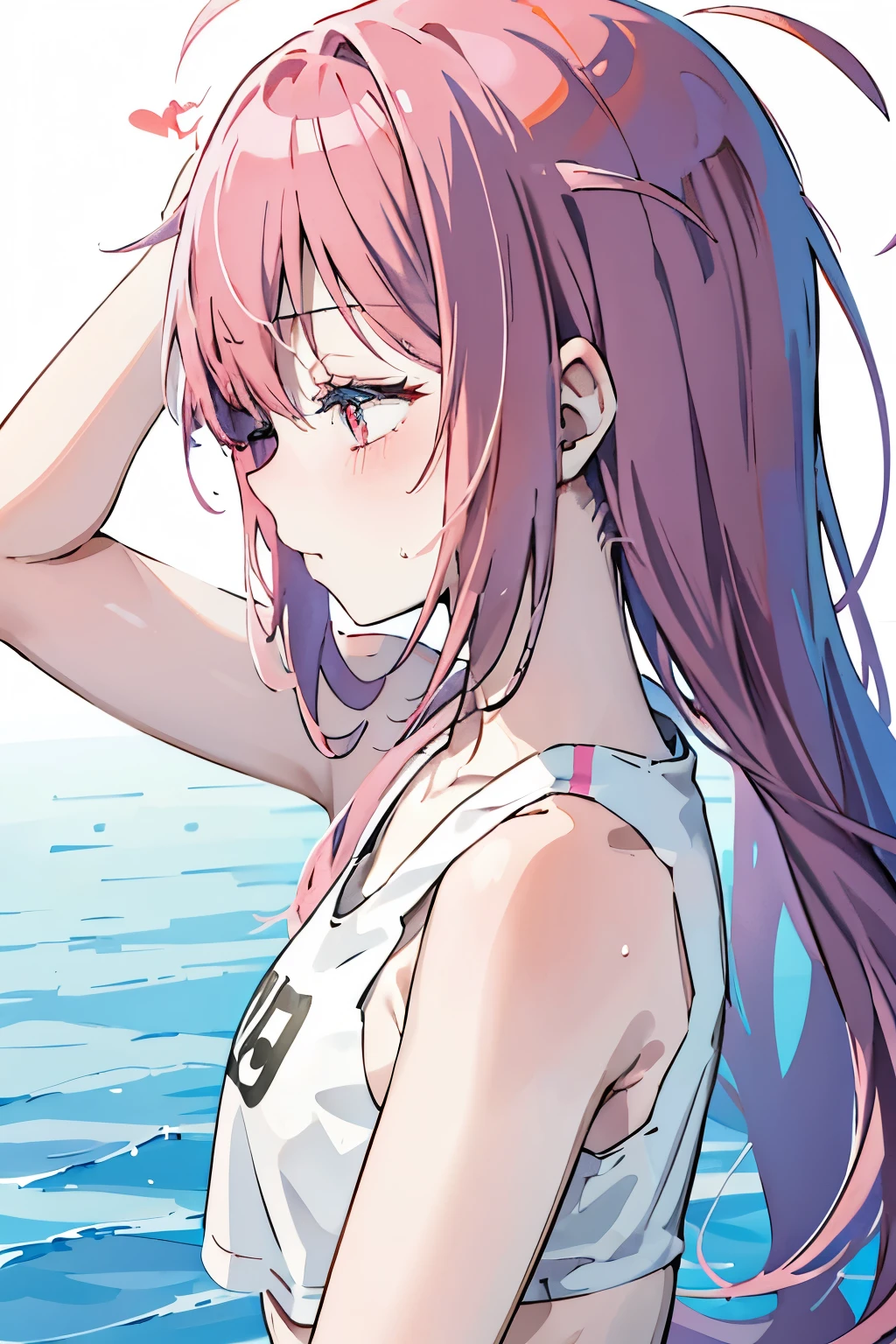 Anime girl with long pink hair holding up water bottle, pouring water into her mouth, side view, wearing sports bra, tied pink hair, wearing sports bra, side view, eyes closed, sweaty, simple colouring