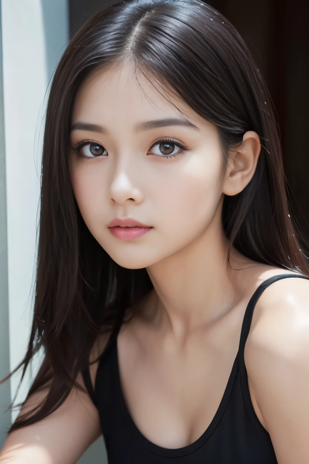a beautiful princess indonesia girl, (dark hair), (white skin), (black tanktop), sweet eyes angle, ultra HD 8k, hyper realistic, photography, cinematic, photographic, wide angle, detailed visuals, 3D renders, soft textures, photorealistic, closeup zoom-in, (Front view), ((looking at viewer)), perfect eyes corner angle, thin lips, natural beauty, (soft and super white skin), flawless skin, (masterpiece), (beautiful detailed eyes), (smaller face), no make up