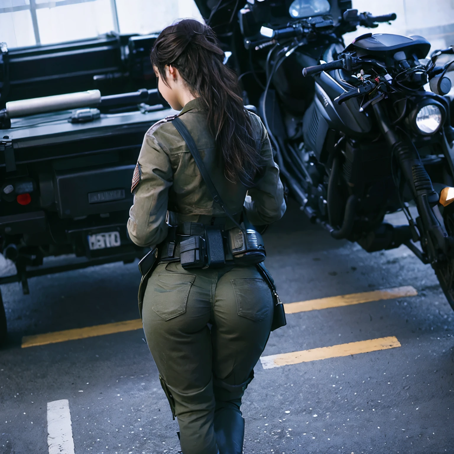 Claire in army clothes, back, walking, big ass