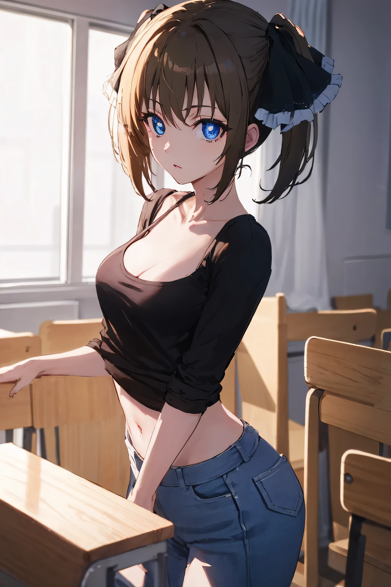 minatsushiina, minatsu shiina, blue eyes, brown hair, ribbon, twintails, hair ribbon,
BREAK (black shirt and no bra:1.2)
BREAK indoors, classroom,
BREAK looking at viewer, (cowboy shot:1.5), expression is solemn,cute expressive face
BREAK (masterpiece:1.2), best quality, high resolution, unity 8k wallpaper, (illustration:0.8), (beautiful detailed eyes:1.6), extremely detailed face, perfect lighting, extremely detailed CG, (perfect hands, perfect anatomy),