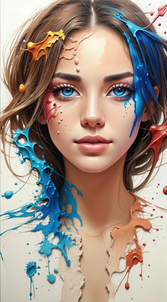 colored pencil drawing of a beautiful woman's face with paint splashed on it and drops of paint falling off --ar 4:5 --s 500