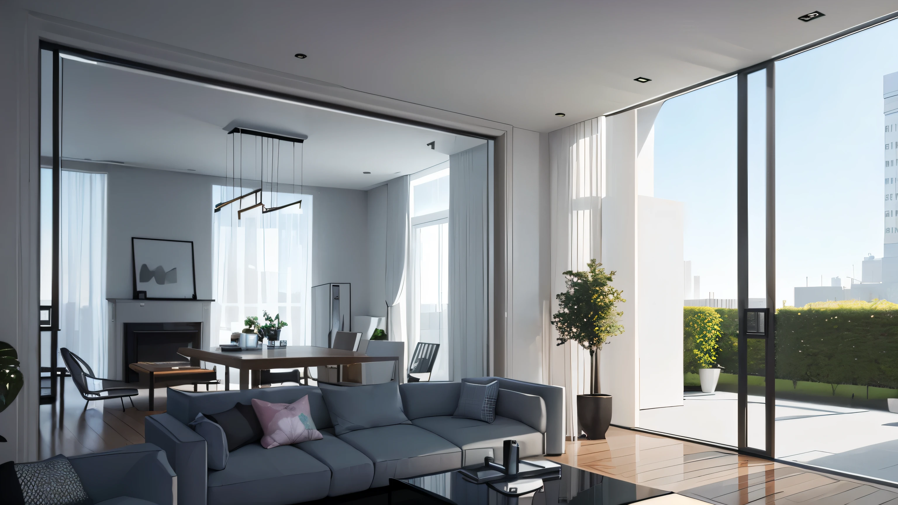 you are a famous interior designer、I was asked to create a 3D image of a large modern room.。. Create a harmonious environment with modern and minimalist furniture. Including garden interior.