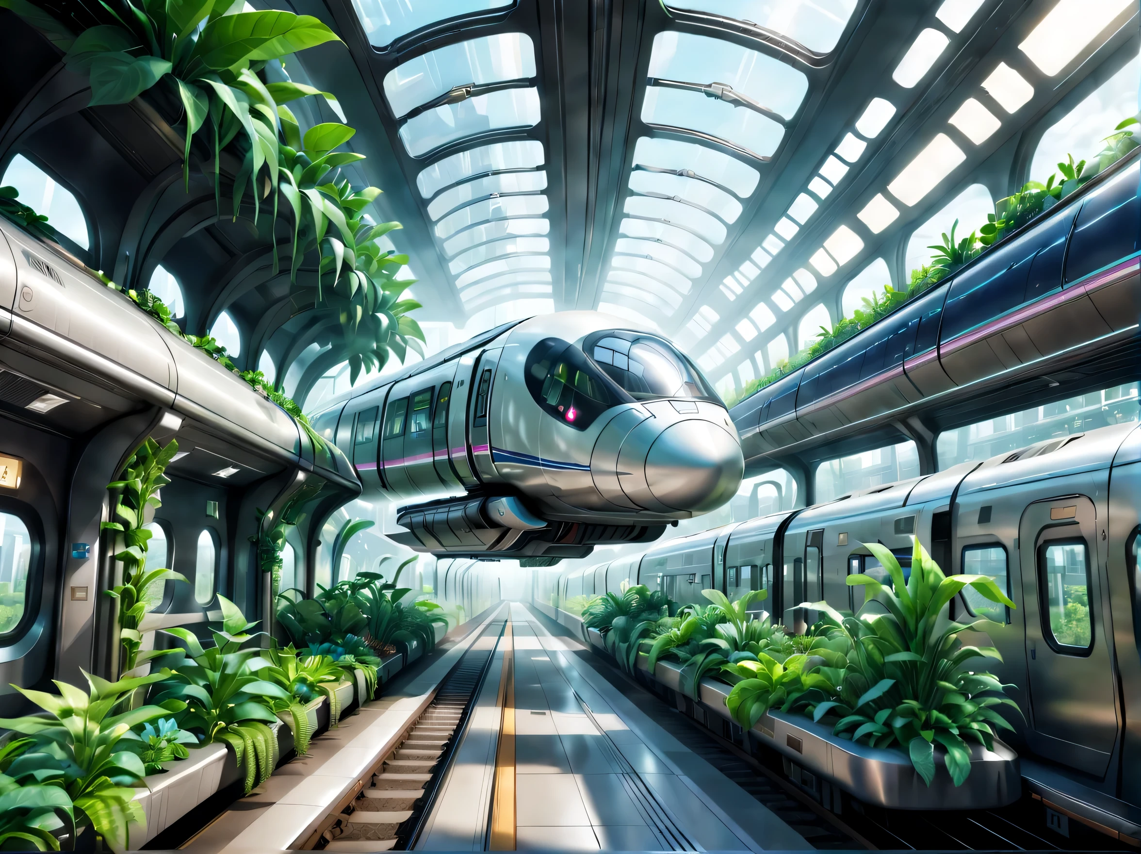 Brand new spacious and tall station hall：1.37，brand，train circling in the sky，By the train，Cute little transparent alien，transparent train，A train full of plants，high-end，advanced，Clean，neat