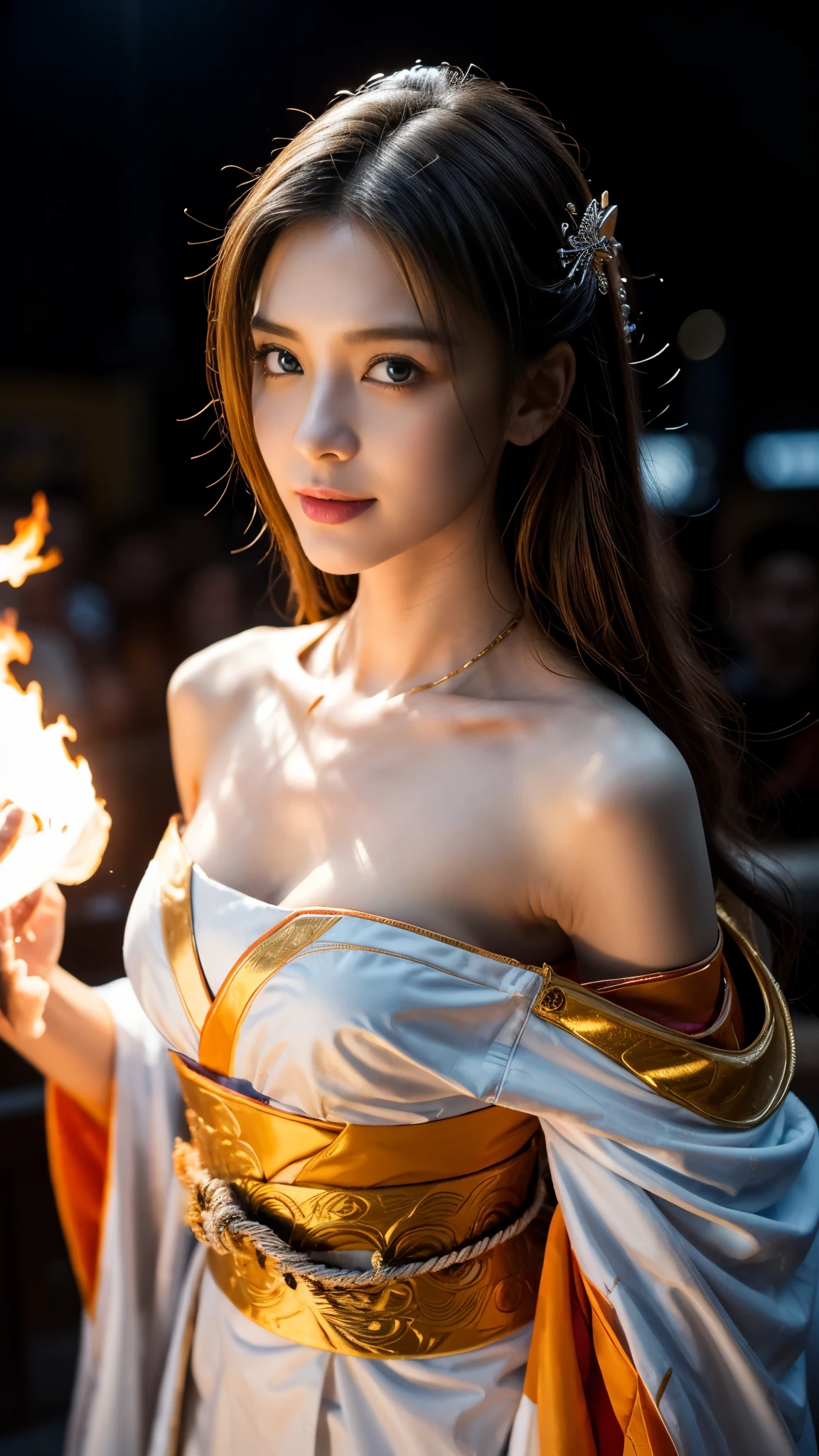 (RAW shooting, Photoreal:1.5, 8k, highest quality, masterpiece, ultra high resolution), Sengoku, fire事, いたるところで燃え上がる戦fire:1.3, perfect dynamic composition:1.2, Highly detailed skin and facial textures:1.2, Slim female samurai with a sharp Japanese sword:1.3, Fight:1.2, beautiful and aesthetic, cute and sexy beauty, perfect style:1.2, wear elaborate rings, fire, water, Wind, thunder, ice, Fair skin, very beautiful face, (Medium chest, Chest gap), (embarrassing smile, The expression on your face when you feel intense caress, Facial expression when feeling pleasure), (Wearing a sexy Sengoku uniform:1.1, off shoulder), (beautiful blue eyes, Eyes that feel beautiful eros:0.8), (Too erotic:0.9, Bewitching:0.9), full body shot