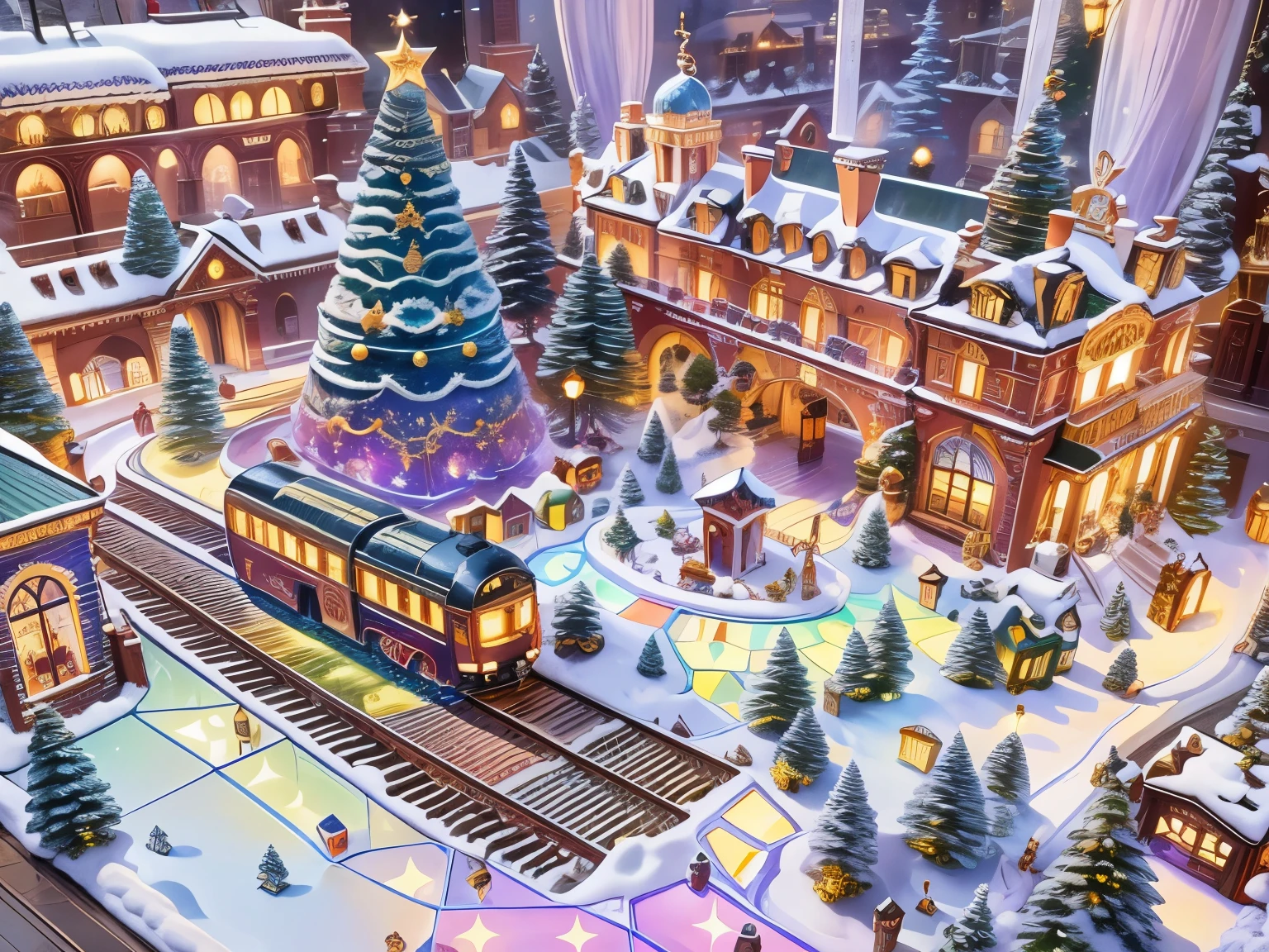 (La best quality,high resolution,super detailed,actual)，Train station made of jelly，snow，in the room，Christmas decoration，surrounded by christmas gifts，（（A masterpiece full of fantasy elements）））， （（best quality））， （（intricate details））（8k）