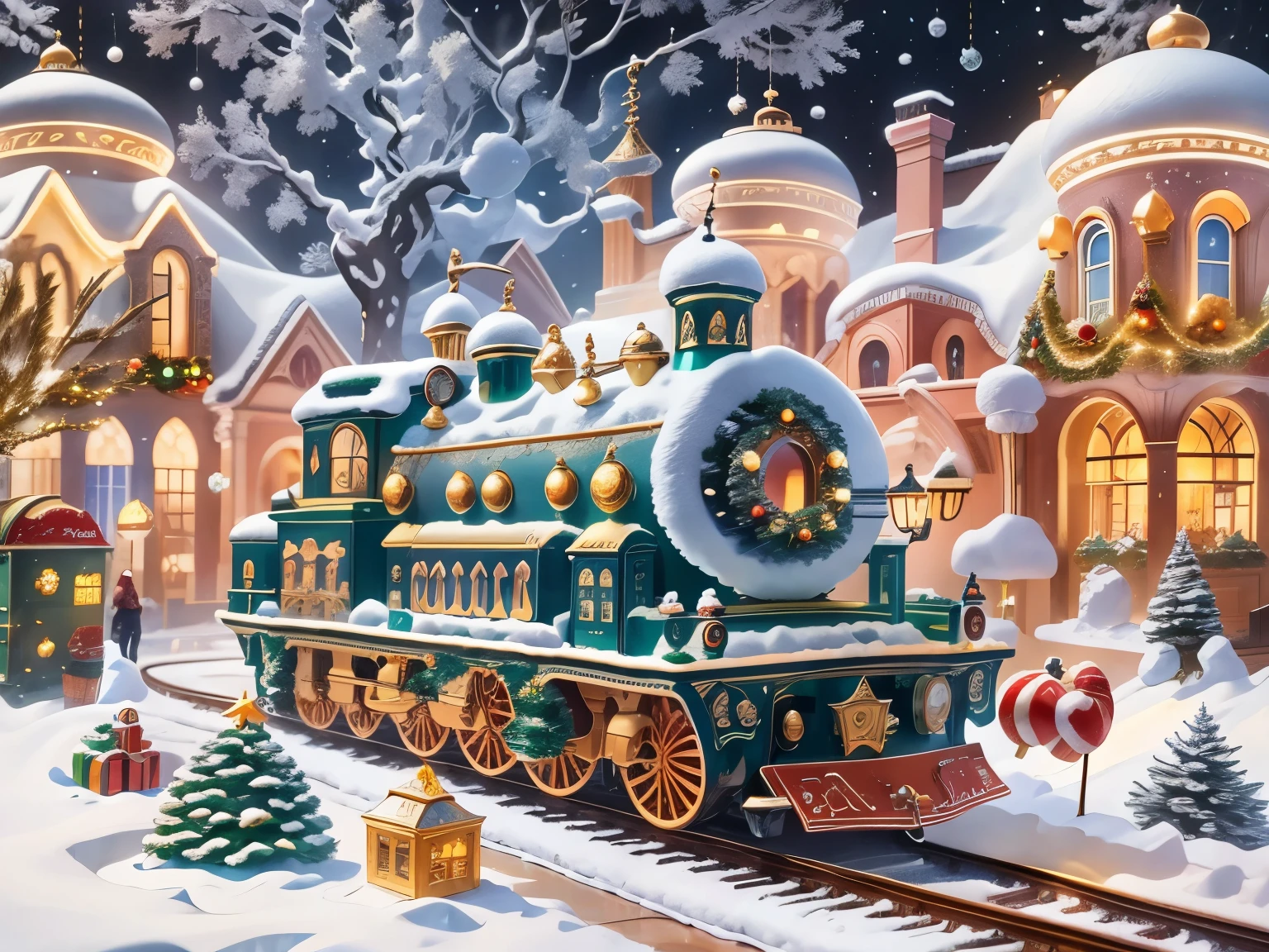 (La best quality,high resolution,super detailed,actual)，Train station made of jelly，snow，in the room，Christmas decoration，surrounded by christmas gifts，（（A masterpiece full of fantasy elements）））， （（best quality））， （（intricate details））（8k）